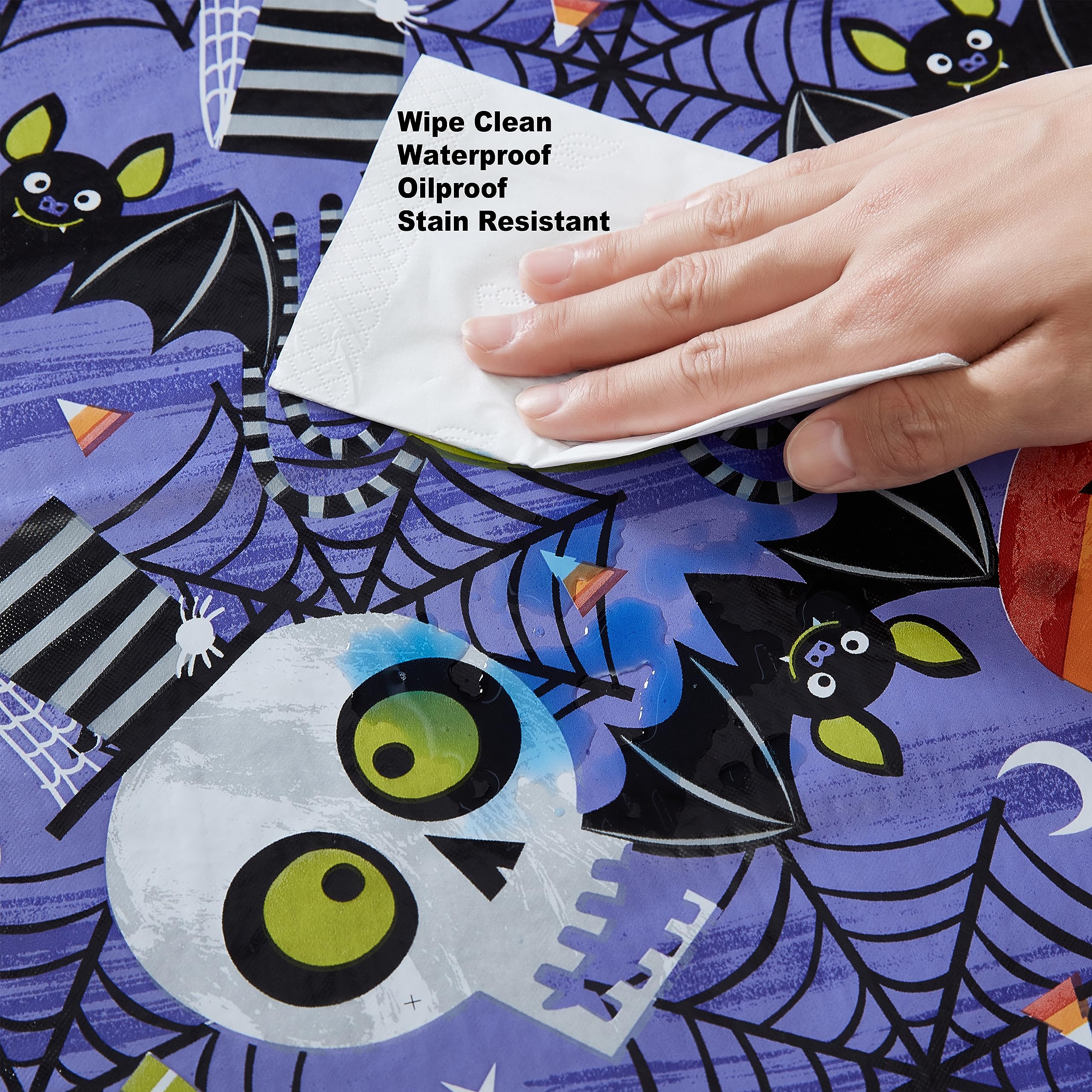 Newbridge Halloween Whimsical Ghoulish Gang 52 x 70 Inch Rectangle Vinyl Tablecloth with Flannel Backing, Fun Skulls and Pumpkin Design, Easy Care Wipe Clean Halloween Table Cover - Image 5