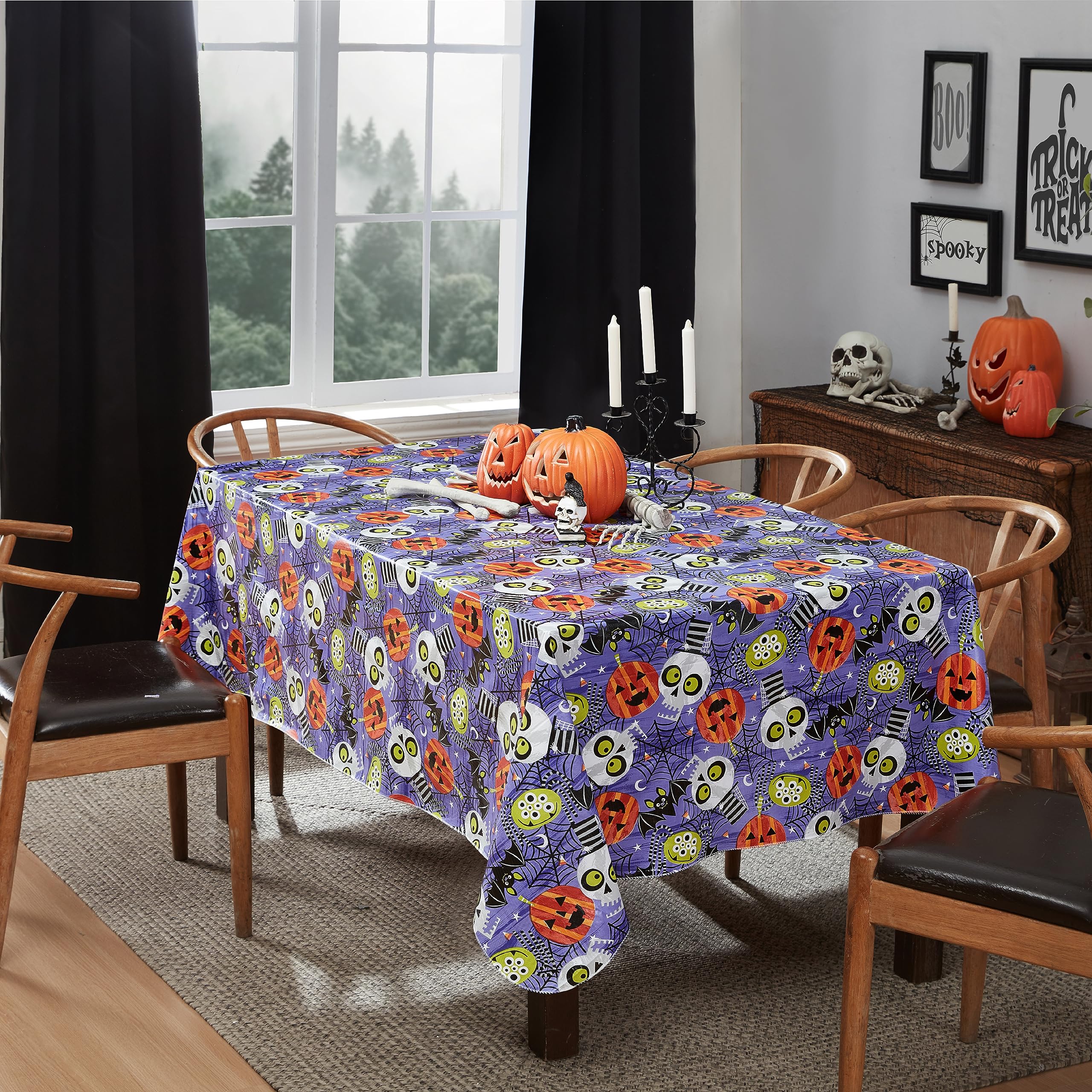 Newbridge Halloween Whimsical Ghoulish Gang 52 x 70 Inch Rectangle Vinyl Tablecloth with Flannel Backing, Fun Skulls and Pumpkin Design, Easy Care Wipe Clean Halloween Table Cover - Image 8