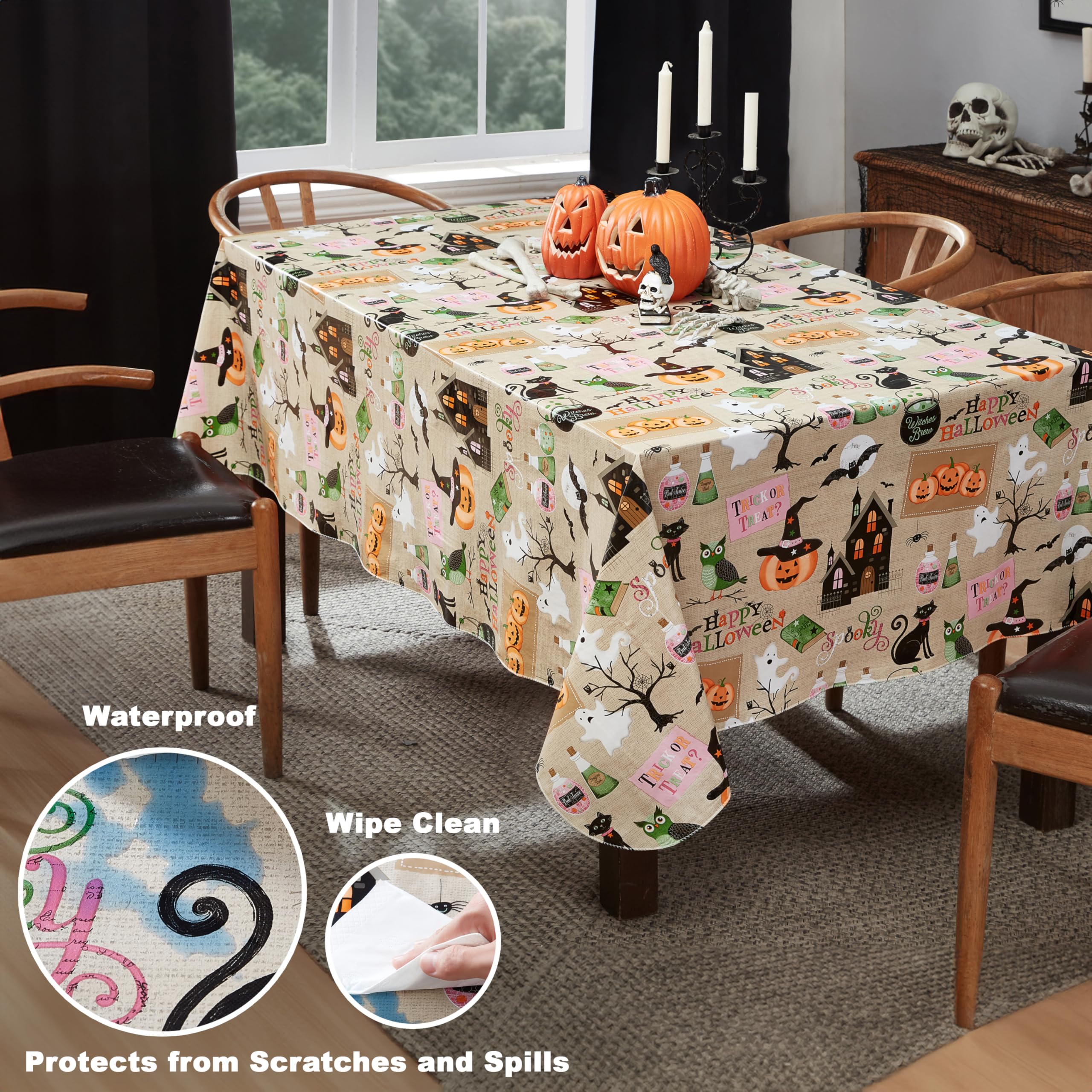 Newbridge Happy Halloween Witches Brew 52 x 70 Inch Rectangle Vinyl Tablecloth with Flannel Backing, Cute Ghost, Cat and Pumpkin Design, Easy Care Wipe Clean Halloween Table Cover - Image 3