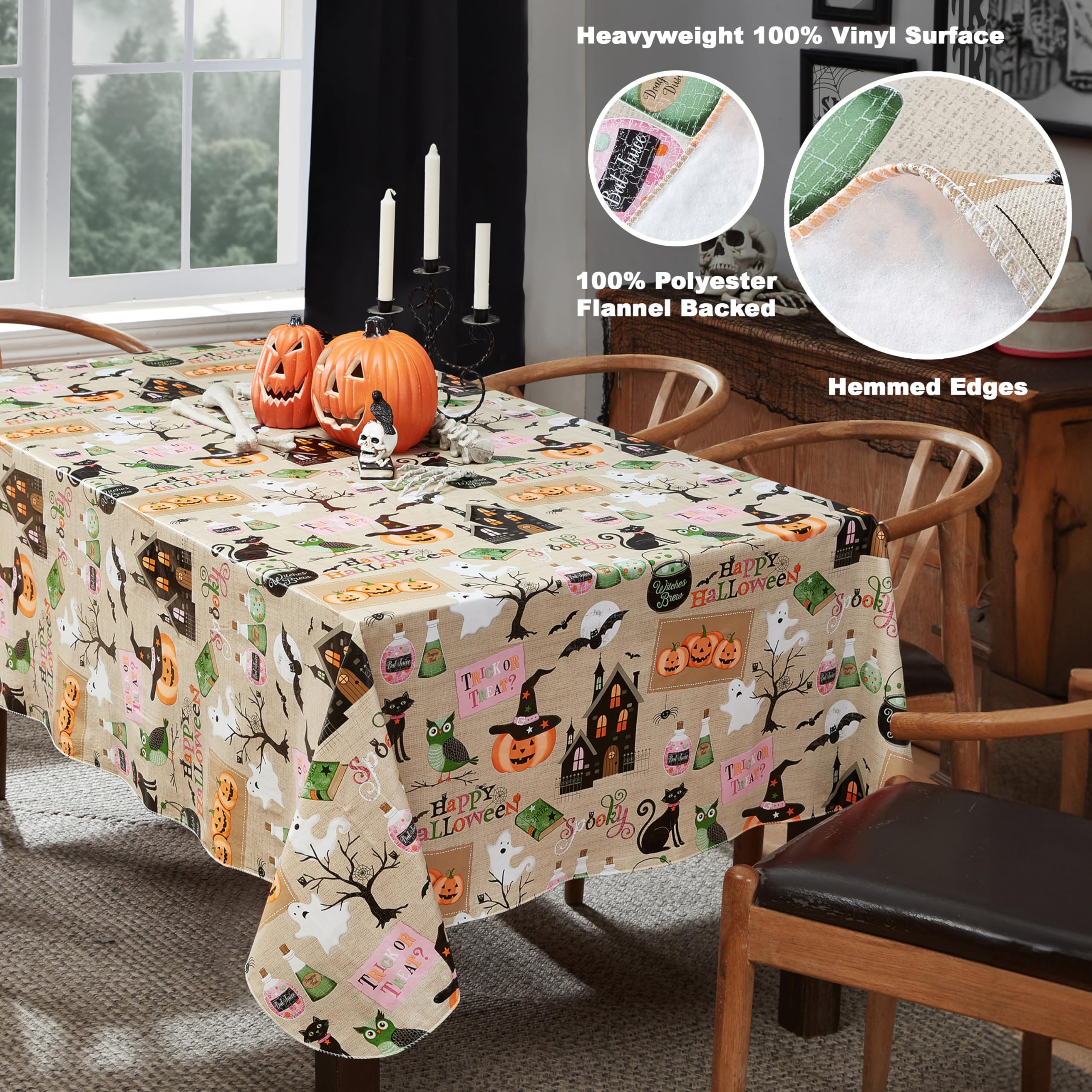 Newbridge Happy Halloween Witches Brew 52 x 70 Inch Rectangle Vinyl Tablecloth with Flannel Backing, Cute Ghost, Cat and Pumpkin Design, Easy Care Wipe Clean Halloween Table Cover - Image 4