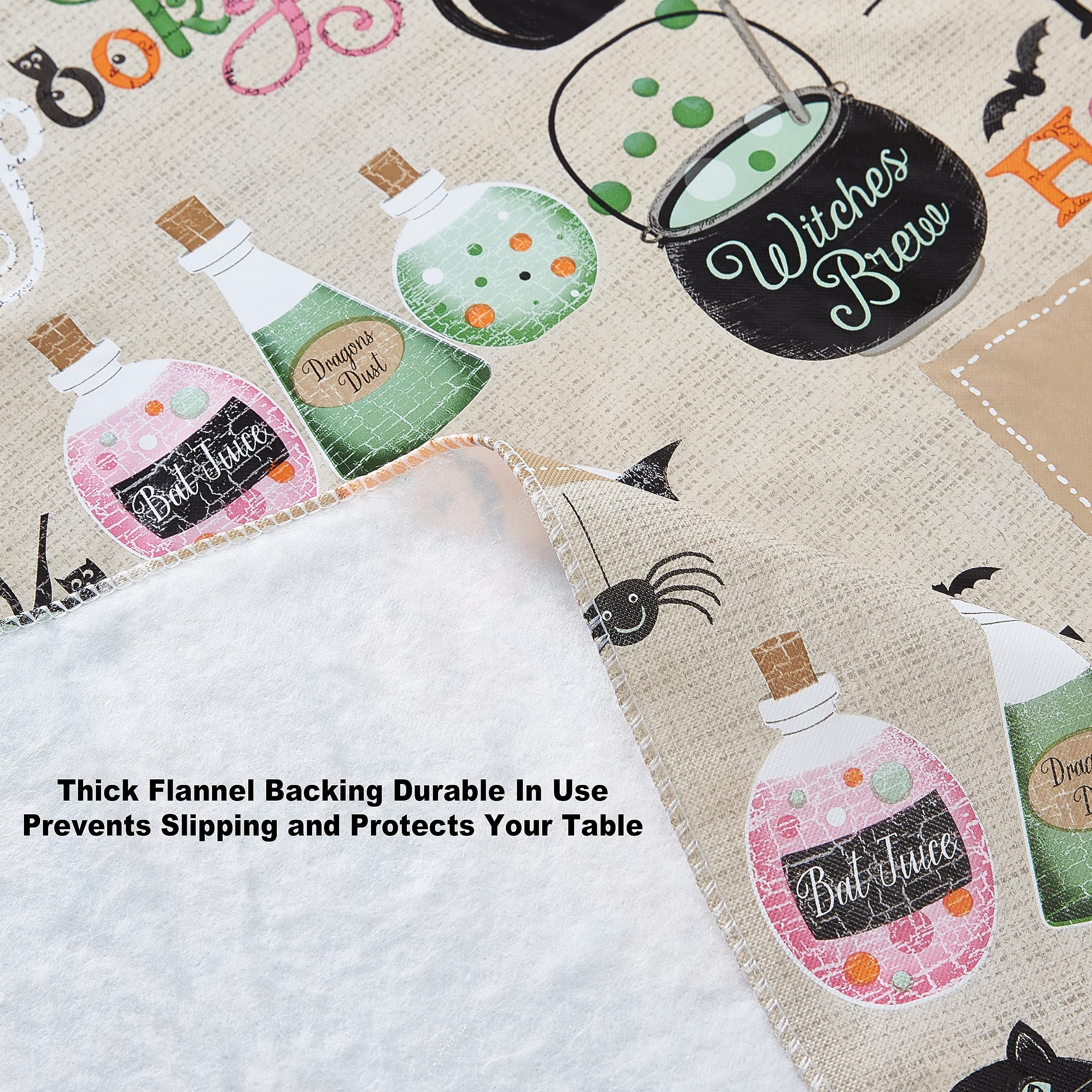 Newbridge Happy Halloween Witches Brew 52 x 70 Inch Rectangle Vinyl Tablecloth with Flannel Backing, Cute Ghost, Cat and Pumpkin Design, Easy Care Wipe Clean Halloween Table Cover - Image 5