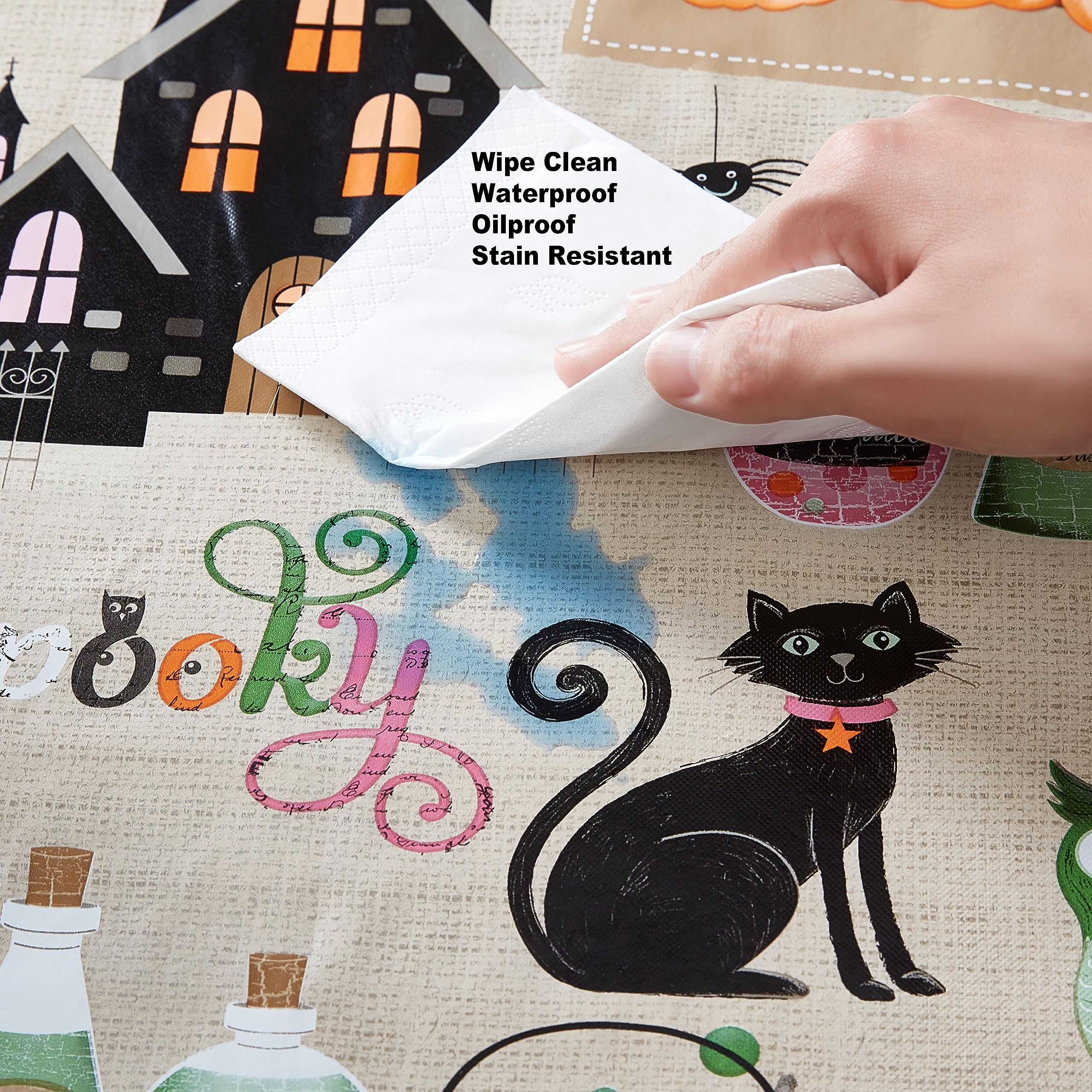 Newbridge Happy Halloween Witches Brew 52 x 70 Inch Rectangle Vinyl Tablecloth with Flannel Backing, Cute Ghost, Cat and Pumpkin Design, Easy Care Wipe Clean Halloween Table Cover - Image 6