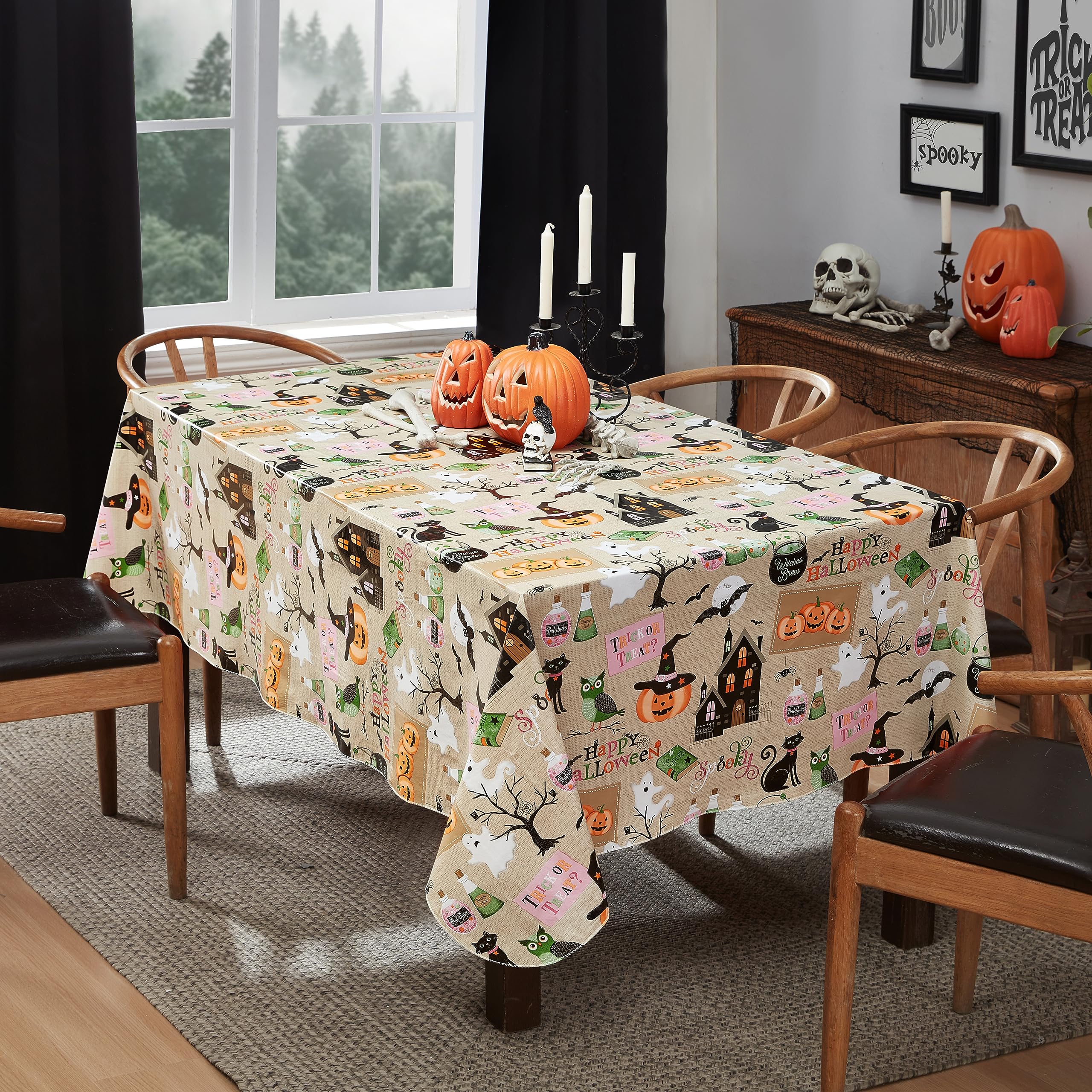 Newbridge Happy Halloween Witches Brew 52 x 70 Inch Rectangle Vinyl Tablecloth with Flannel Backing, Cute Ghost, Cat and Pumpkin Design, Easy Care Wipe Clean Halloween Table Cover - Image 8