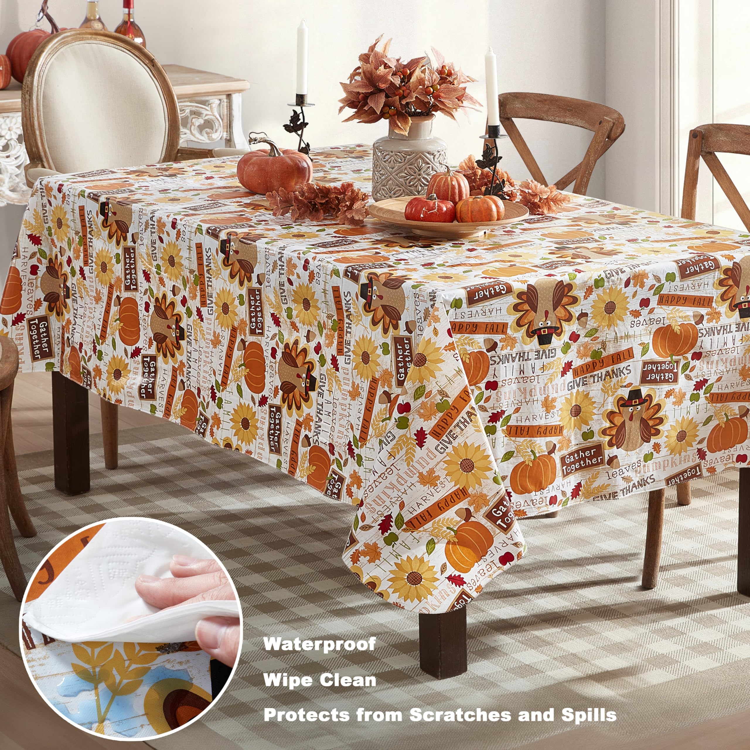 Newbridge Happy Thanksgiving Turkey Vinyl Tablecloth with Flannel Backing, 52 x 52 Inch Square – Whimsical Fall Harvest Kitchen & Dining Table Cover - Image 3