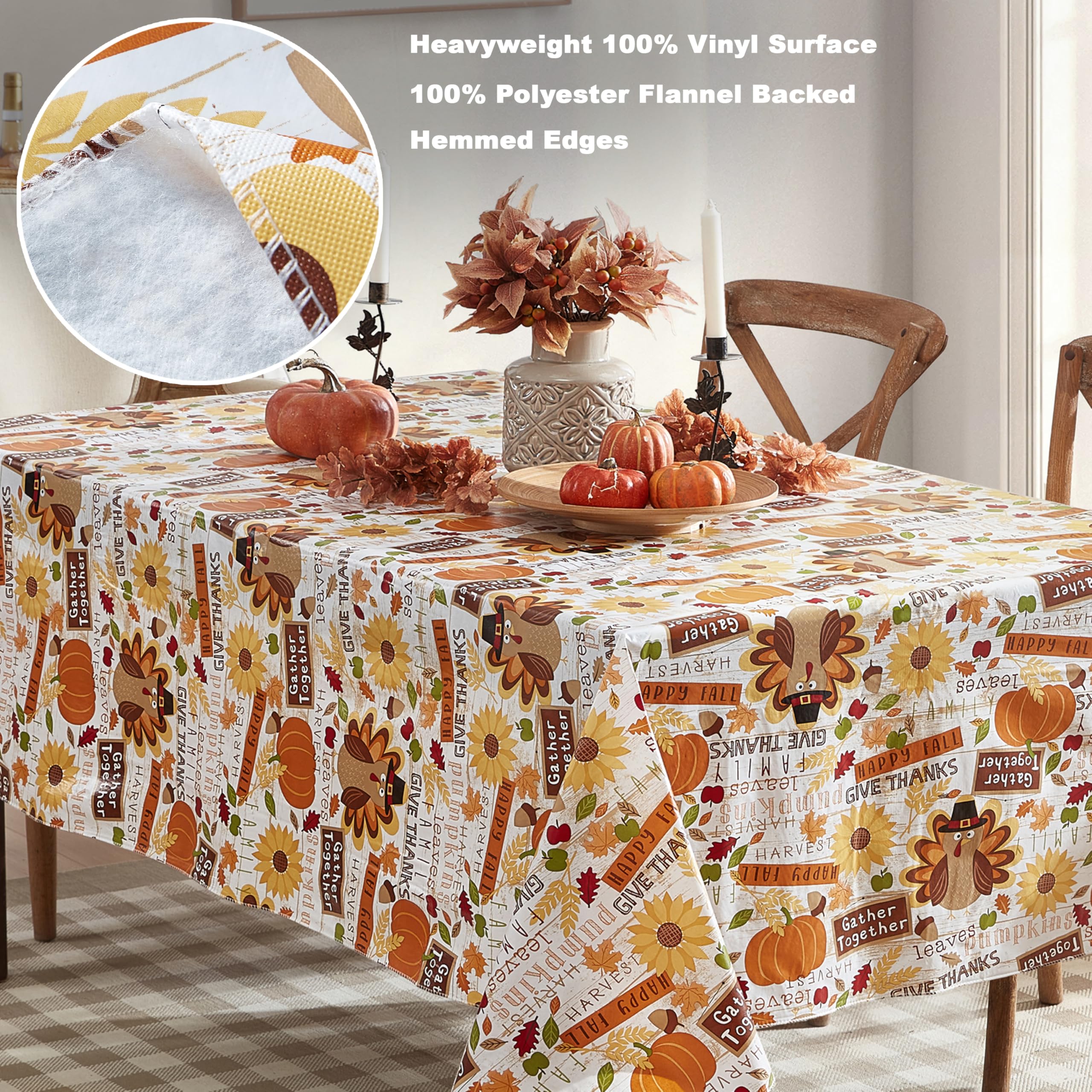 Newbridge Happy Thanksgiving Turkey Vinyl Tablecloth with Flannel Backing, 52 x 52 Inch Square – Whimsical Fall Harvest Kitchen & Dining Table Cover - Image 4