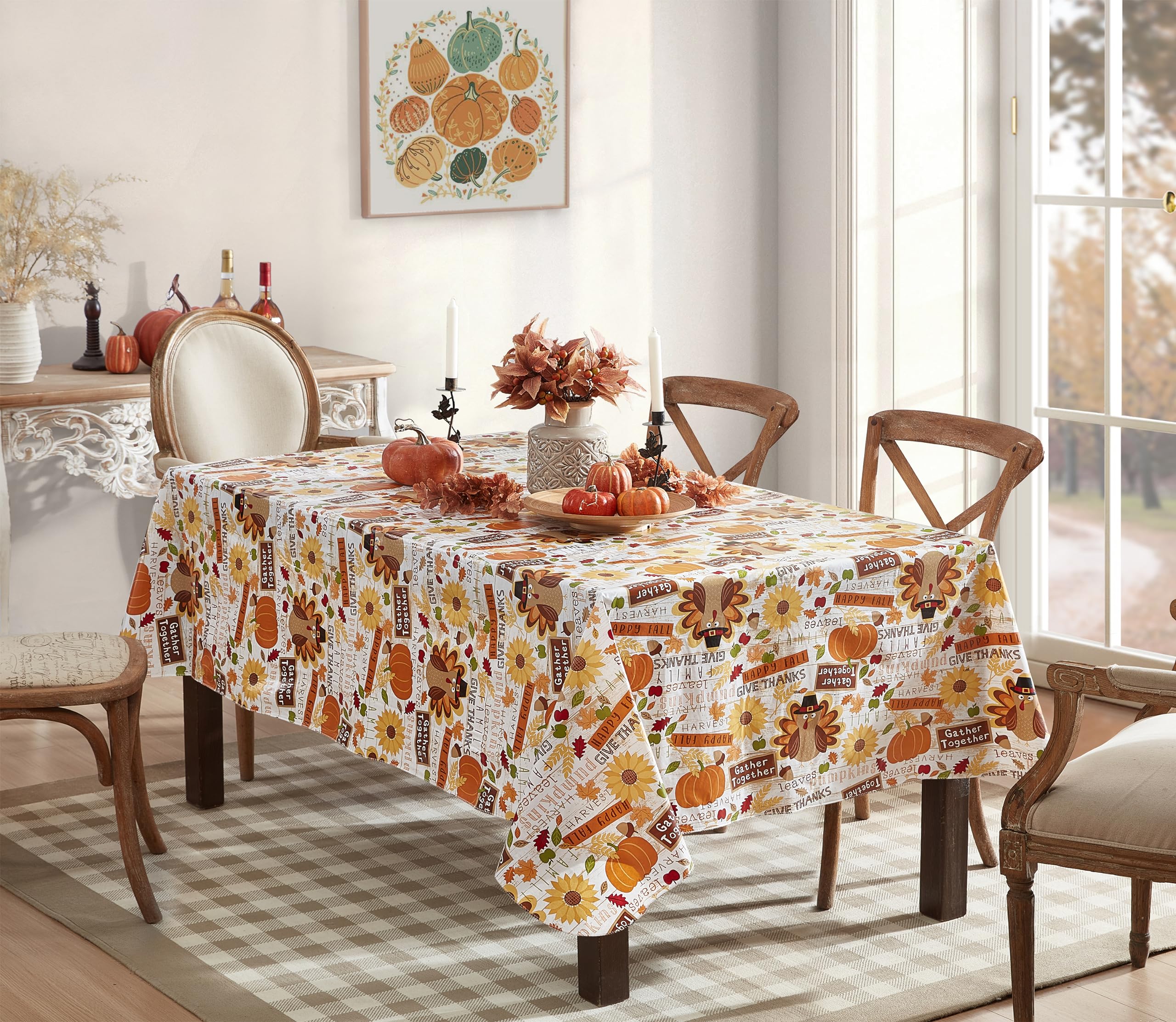 Newbridge Happy Thanksgiving Turkey Vinyl Tablecloth with Flannel Backing, 52 x 52 Inch Square – Whimsical Fall Harvest Kitchen & Dining Table Cover - Image 5