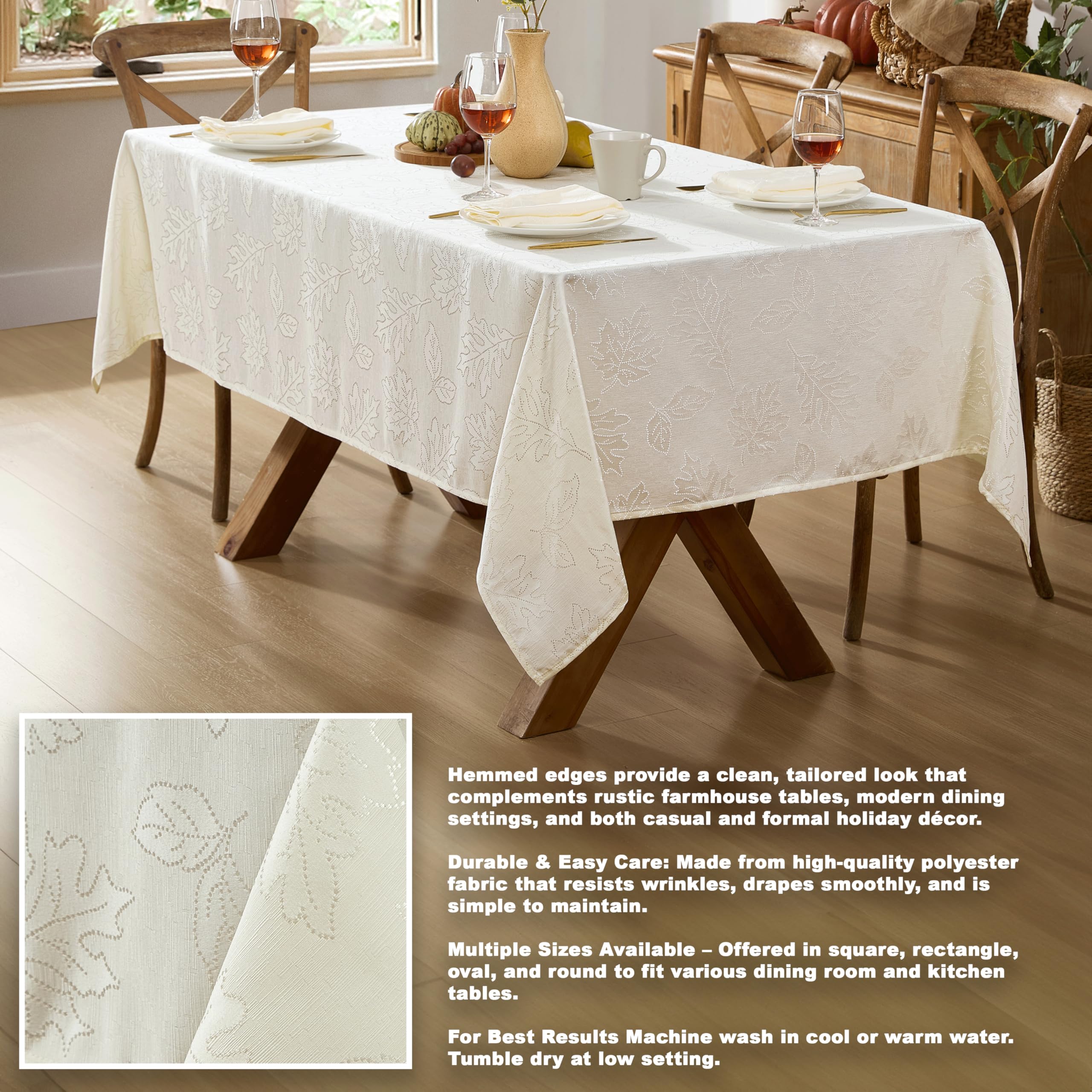 Newbridge Ivory Fancy Leaves Damask Fabric Holiday Tablecloth, 52 x 52 Inch Square, Elegant Swirling Leaf Pattern, No Iron Soil Resistant Dining Room Party Table Cover - Image 3