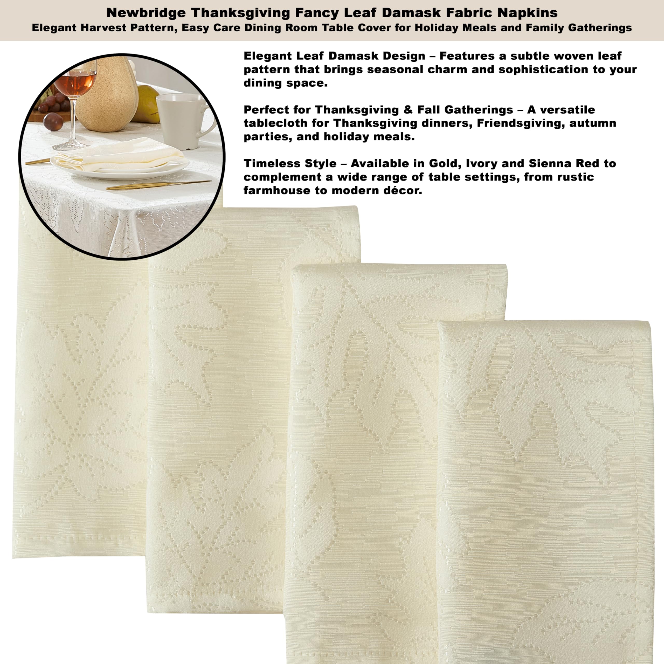 Newbridge Ivory Fancy Leaves Damask Fabric Holiday Tablecloth, 52 x 52 Inch Square, Elegant Swirling Leaf Pattern, No Iron Soil Resistant Dining Room Party Table Cover - Image 4