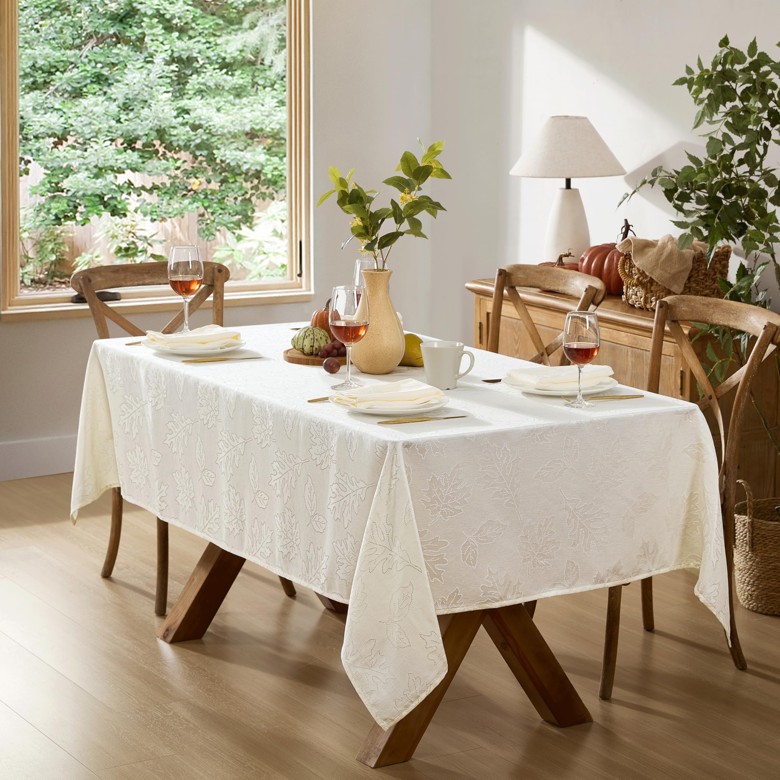 Newbridge Ivory Fancy Leaves Damask Fabric Holiday Tablecloth, 52 x 52 Inch Square, Elegant Swirling Leaf Pattern, No Iron Soil Resistant Dining Room Party Table Cover - Image 5