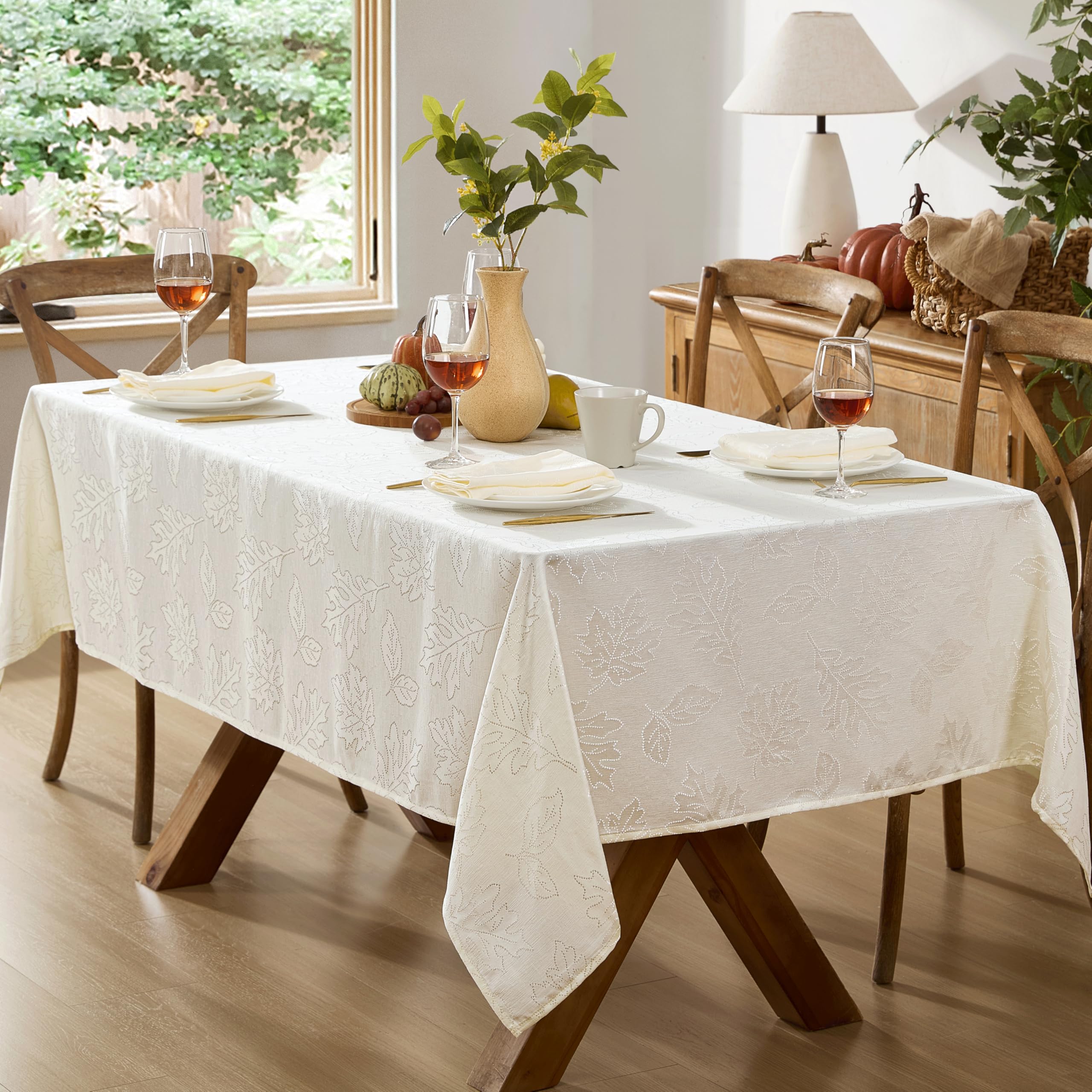 Newbridge Ivory Fancy Leaves Damask Fabric Holiday Tablecloth, 52 x 52 Inch Square, Elegant Swirling Leaf Pattern, No Iron Soil Resistant Dining Room Party Table Cover - Image 6