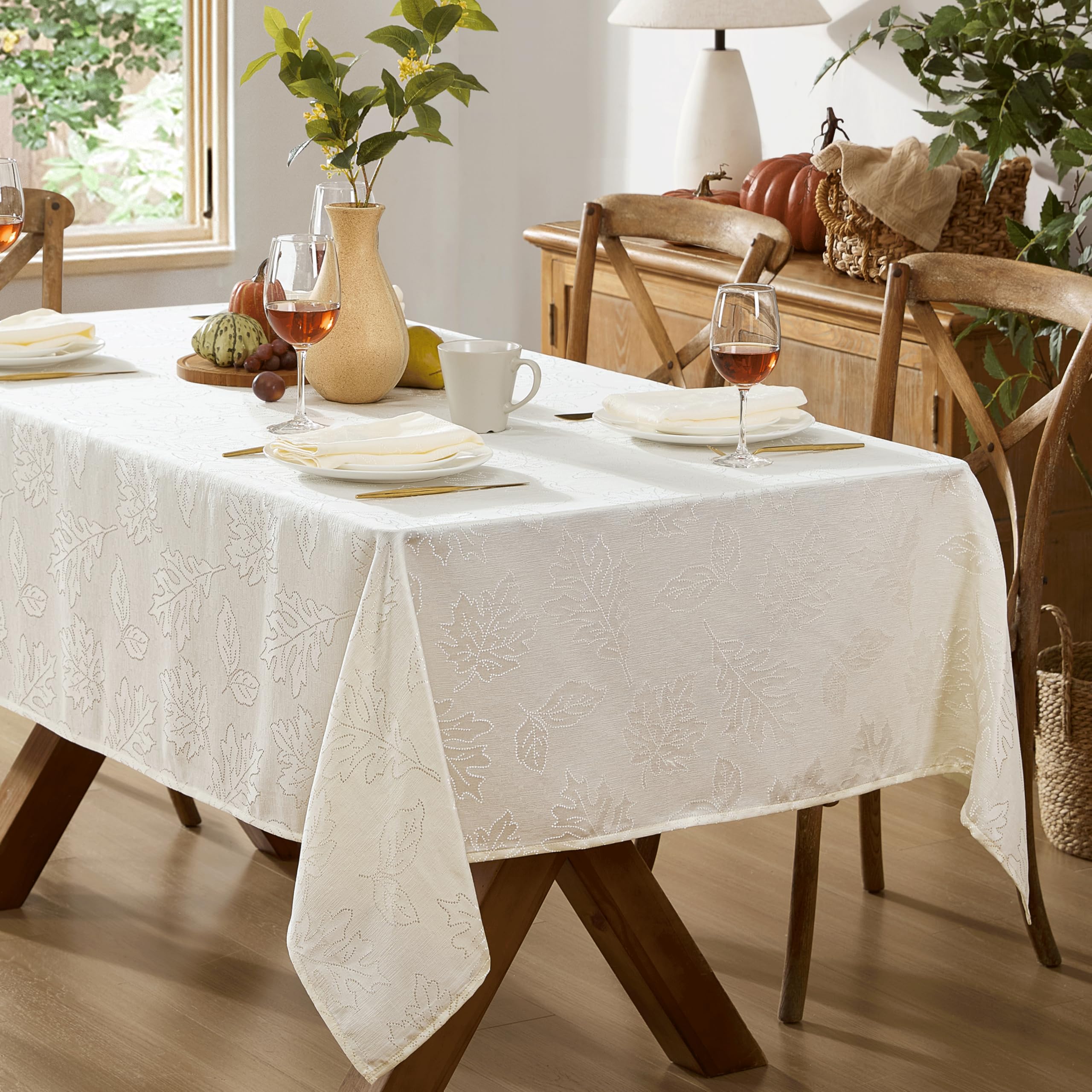 Newbridge Ivory Fancy Leaves Damask Fabric Holiday Tablecloth, 52 x 52 Inch Square, Elegant Swirling Leaf Pattern, No Iron Soil Resistant Dining Room Party Table Cover - Image 8