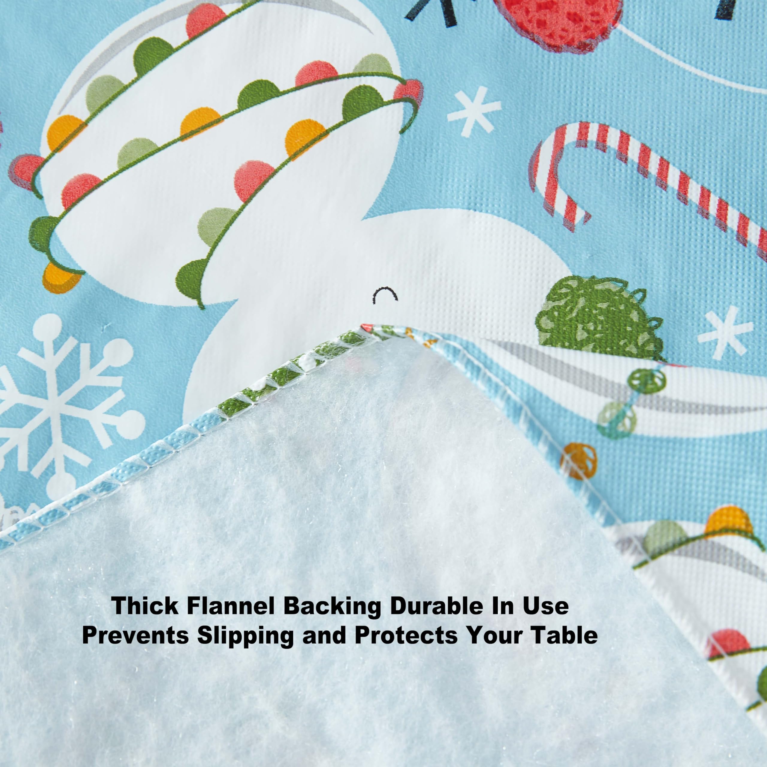 Newbridge Let It Snow Blue Snowman Christmas Vinyl Tablecloth with Flannel Backing – 52 x 52 Inch Square – Winter Snowmen, Candy Cane & Christmas Tree Print Easy-Care Wipe Clean Table Cover - Image 3