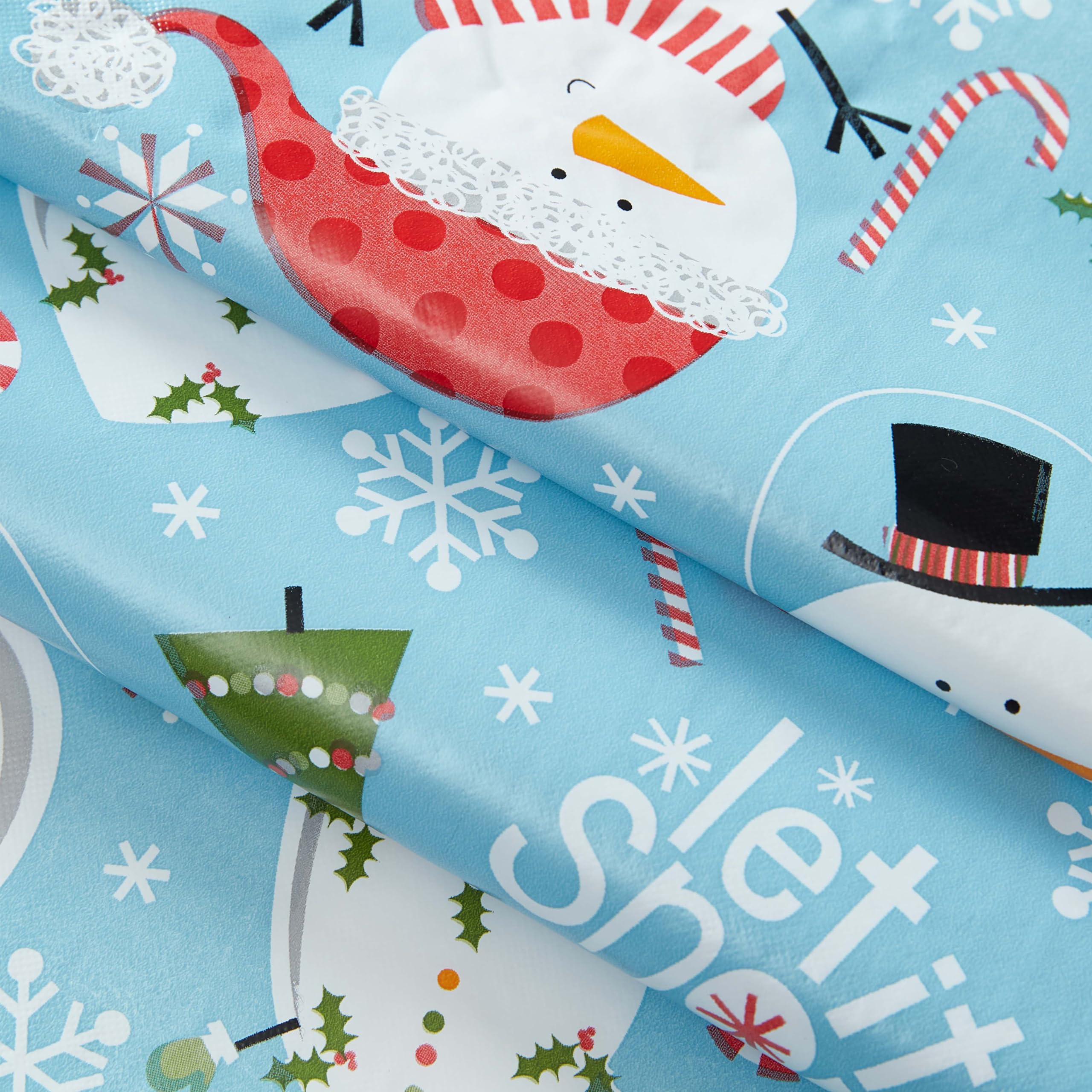 Newbridge Let It Snow Blue Snowman Christmas Vinyl Tablecloth with Flannel Backing – 52 x 52 Inch Square – Winter Snowmen, Candy Cane & Christmas Tree Print Easy-Care Wipe Clean Table Cover - Image 4