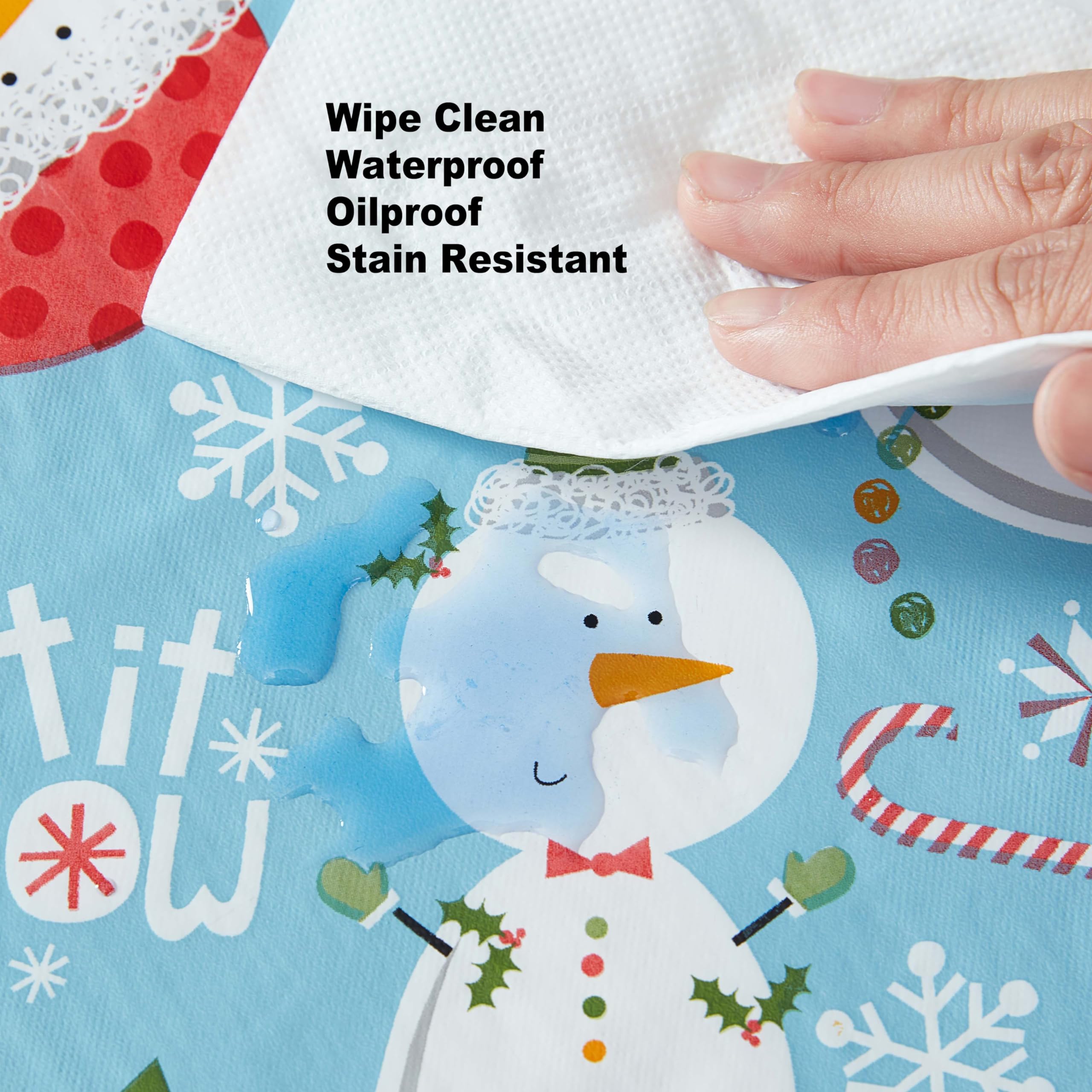 Newbridge Let It Snow Blue Snowman Christmas Vinyl Tablecloth with Flannel Backing – 52 x 52 Inch Square – Winter Snowmen, Candy Cane & Christmas Tree Print Easy-Care Wipe Clean Table Cover - Image 5