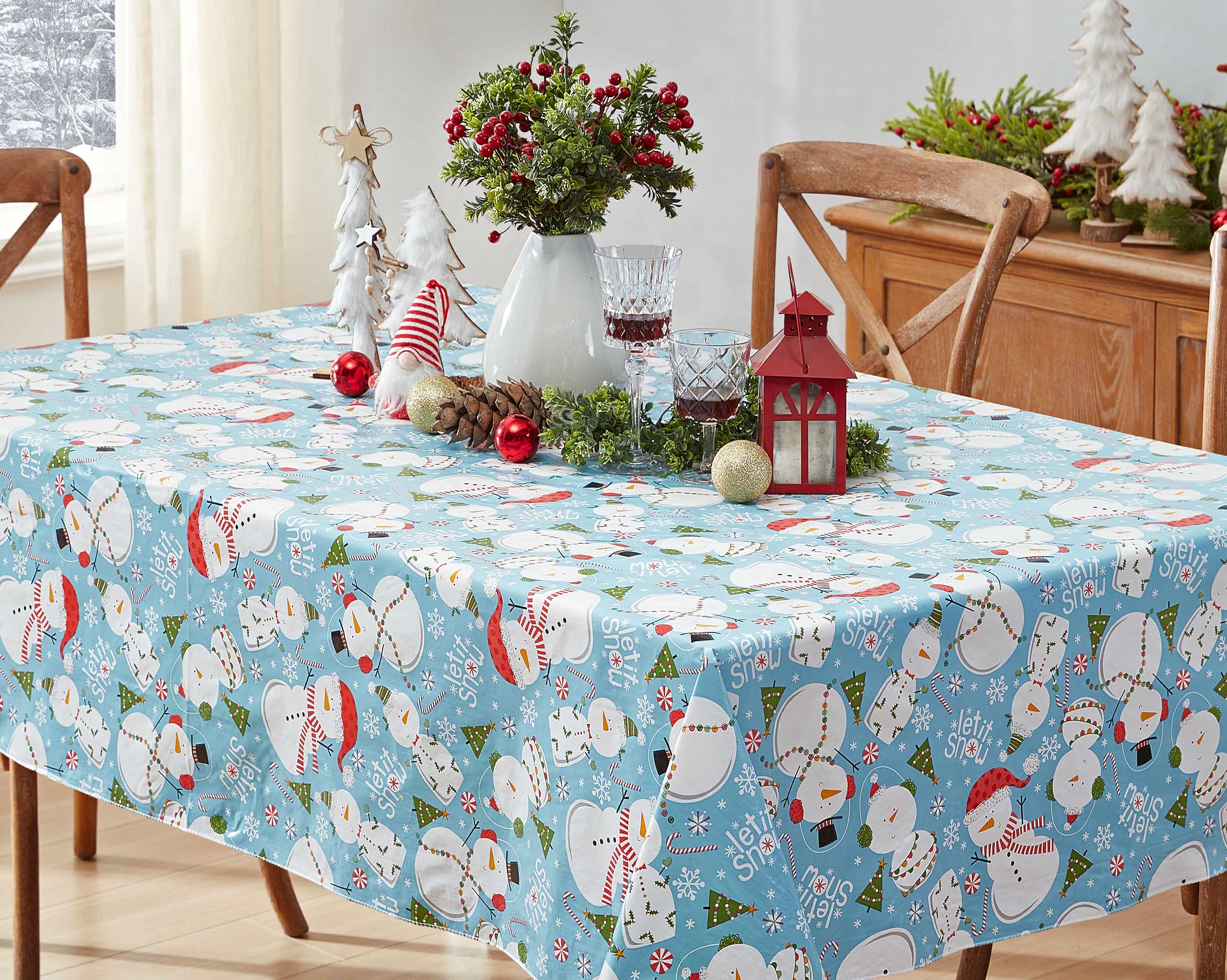 Newbridge Let It Snow Blue Snowman Christmas Vinyl Tablecloth with Flannel Backing – 52 x 52 Inch Square – Winter Snowmen, Candy Cane & Christmas Tree Print Easy-Care Wipe Clean Table Cover - Image 6