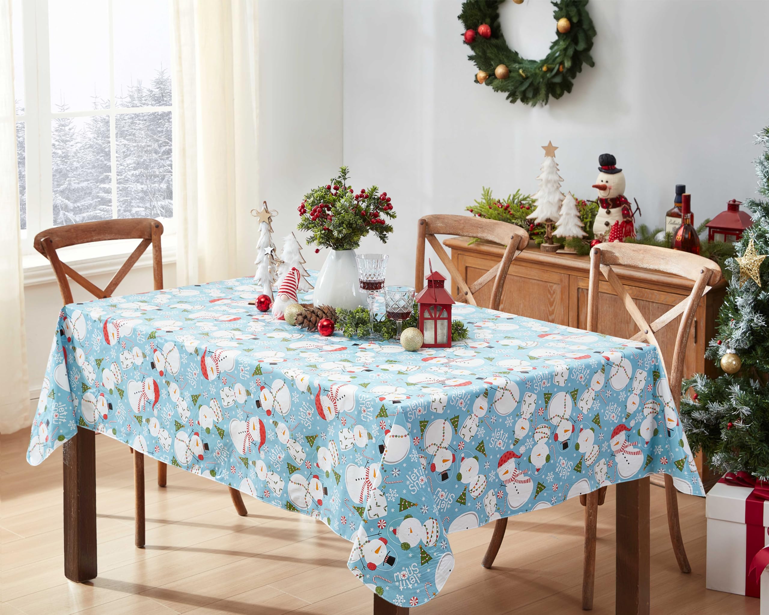Newbridge Let It Snow Blue Snowman Christmas Vinyl Tablecloth with Flannel Backing – 52 x 52 Inch Square – Winter Snowmen, Candy Cane & Christmas Tree Print Easy-Care Wipe Clean Table Cover - Image 7