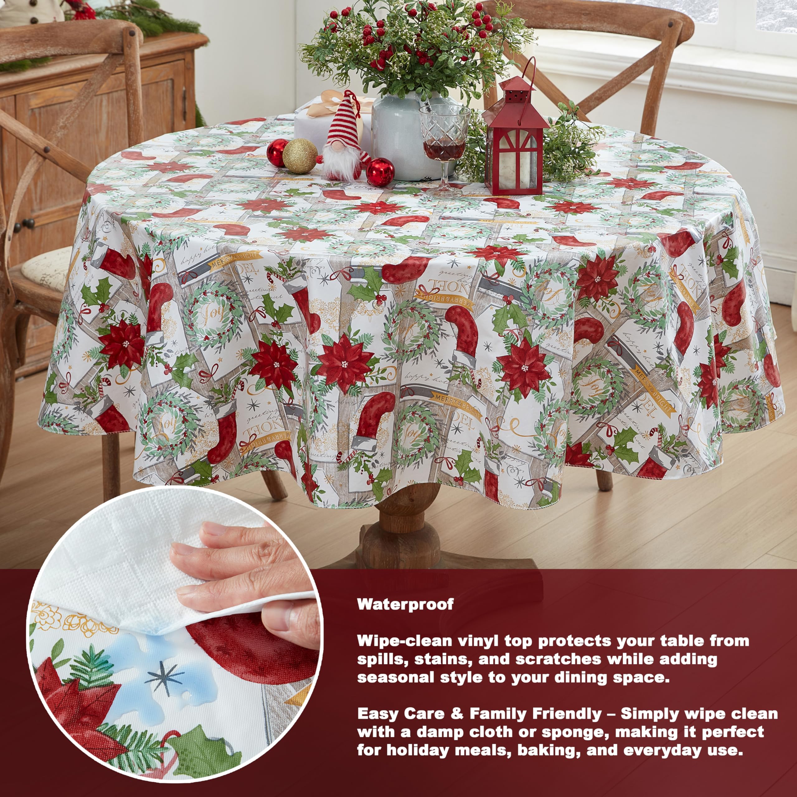 Newbridge Merry Christmas Stocking Holiday Vinyl Tablecloth with Flannel Backing – Festive Wreaths, Poinsettias & Noel Script, Easy-Care Wipe Clean Table Cover, 70 Inch Round - Image 3