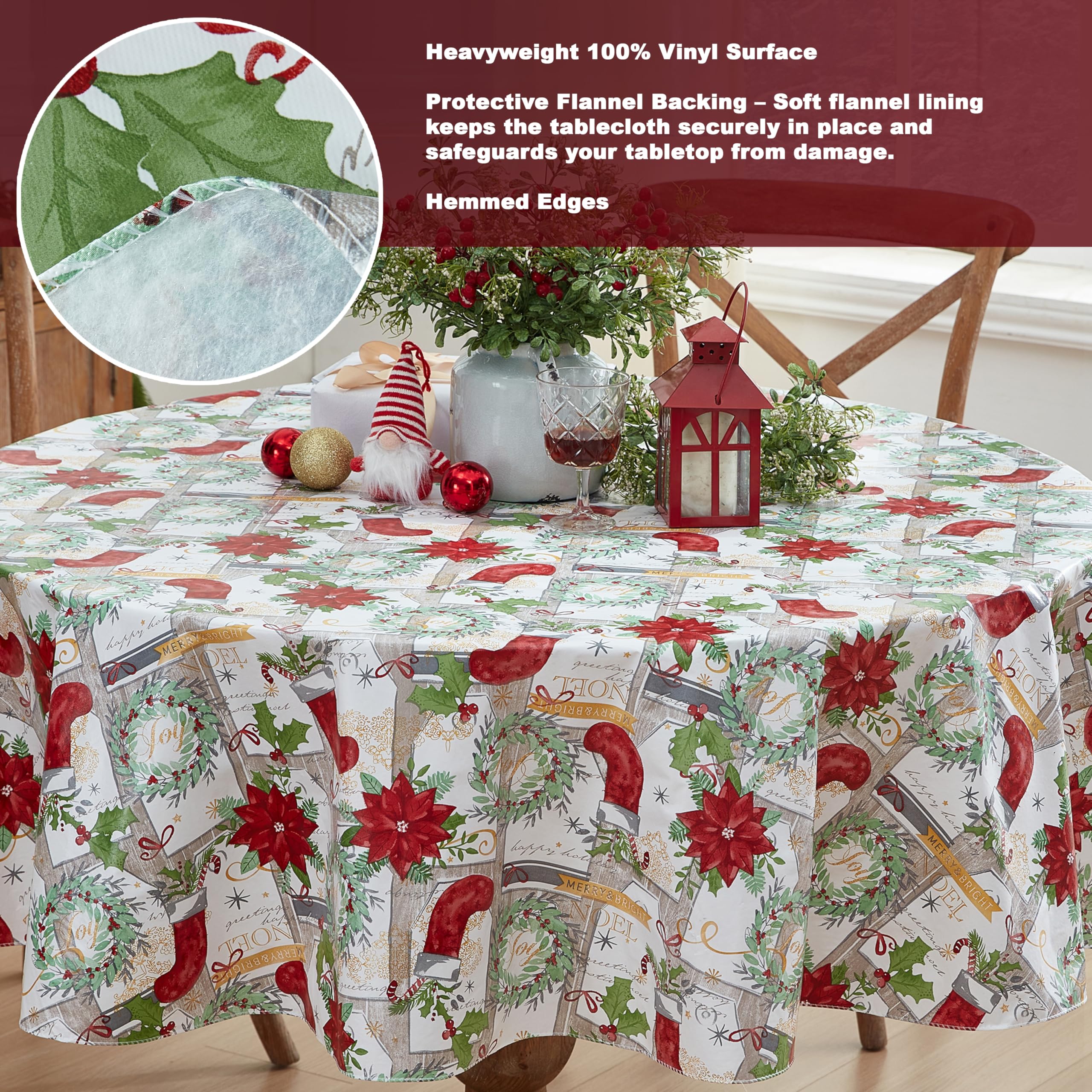 Newbridge Merry Christmas Stocking Holiday Vinyl Tablecloth with Flannel Backing – Festive Wreaths, Poinsettias & Noel Script, Easy-Care Wipe Clean Table Cover, 70 Inch Round - Image 4