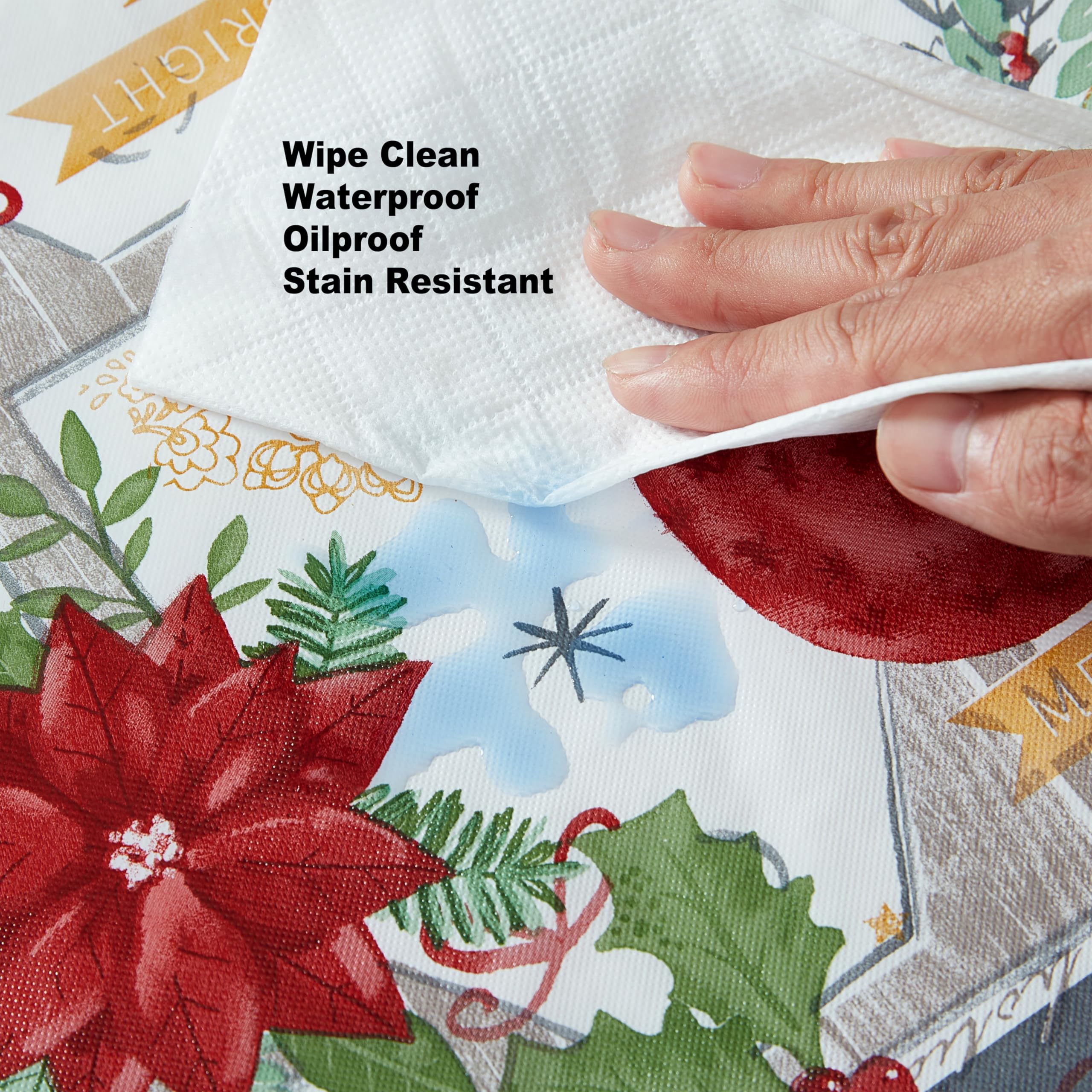 Newbridge Merry Christmas Stocking Holiday Vinyl Tablecloth with Flannel Backing – Festive Wreaths, Poinsettias & Noel Script, Easy-Care Wipe Clean Table Cover, 70 Inch Round - Image 5