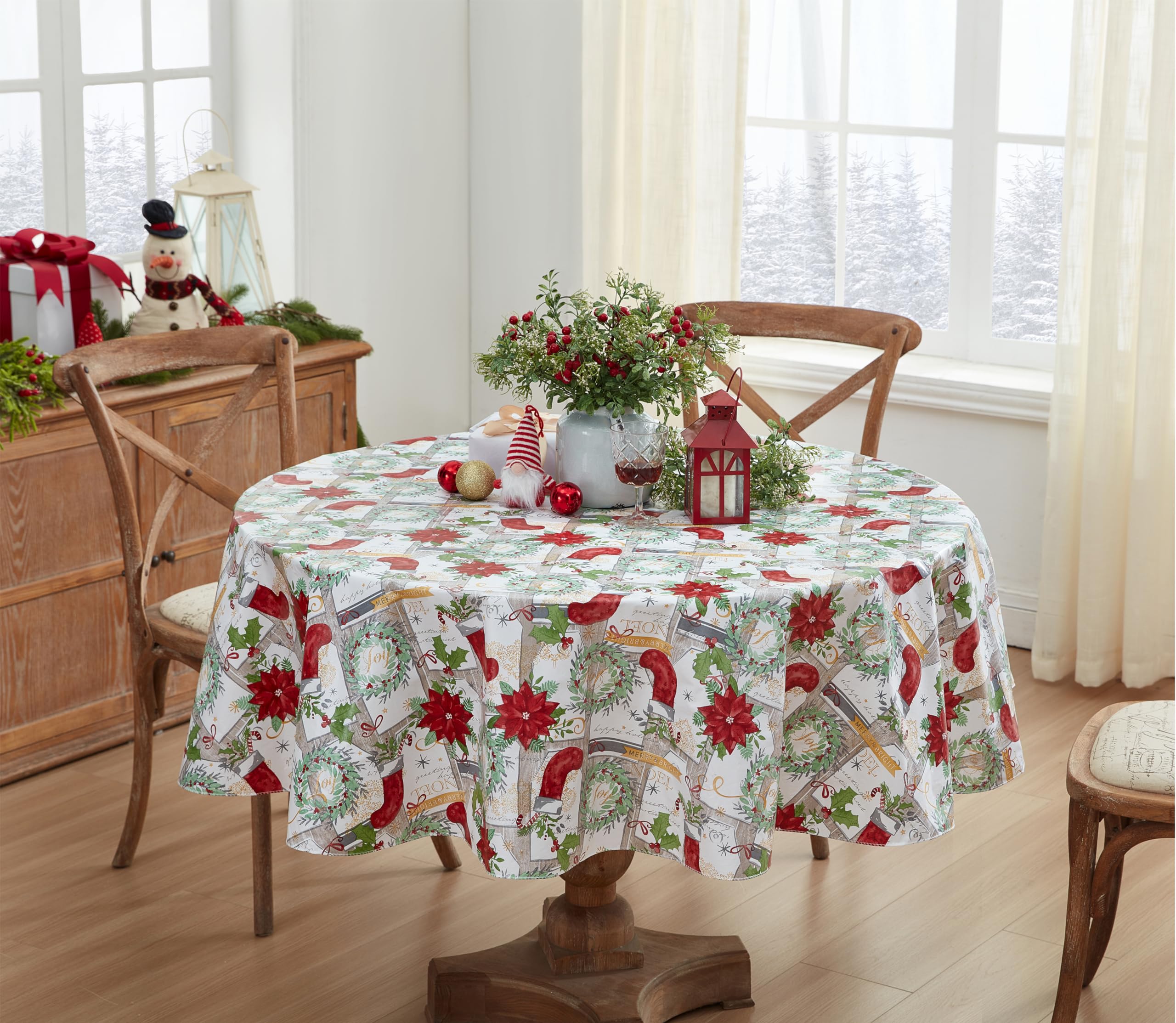 Newbridge Merry Christmas Stocking Holiday Vinyl Tablecloth with Flannel Backing – Festive Wreaths, Poinsettias & Noel Script, Easy-Care Wipe Clean Table Cover, 70 Inch Round - Image 6