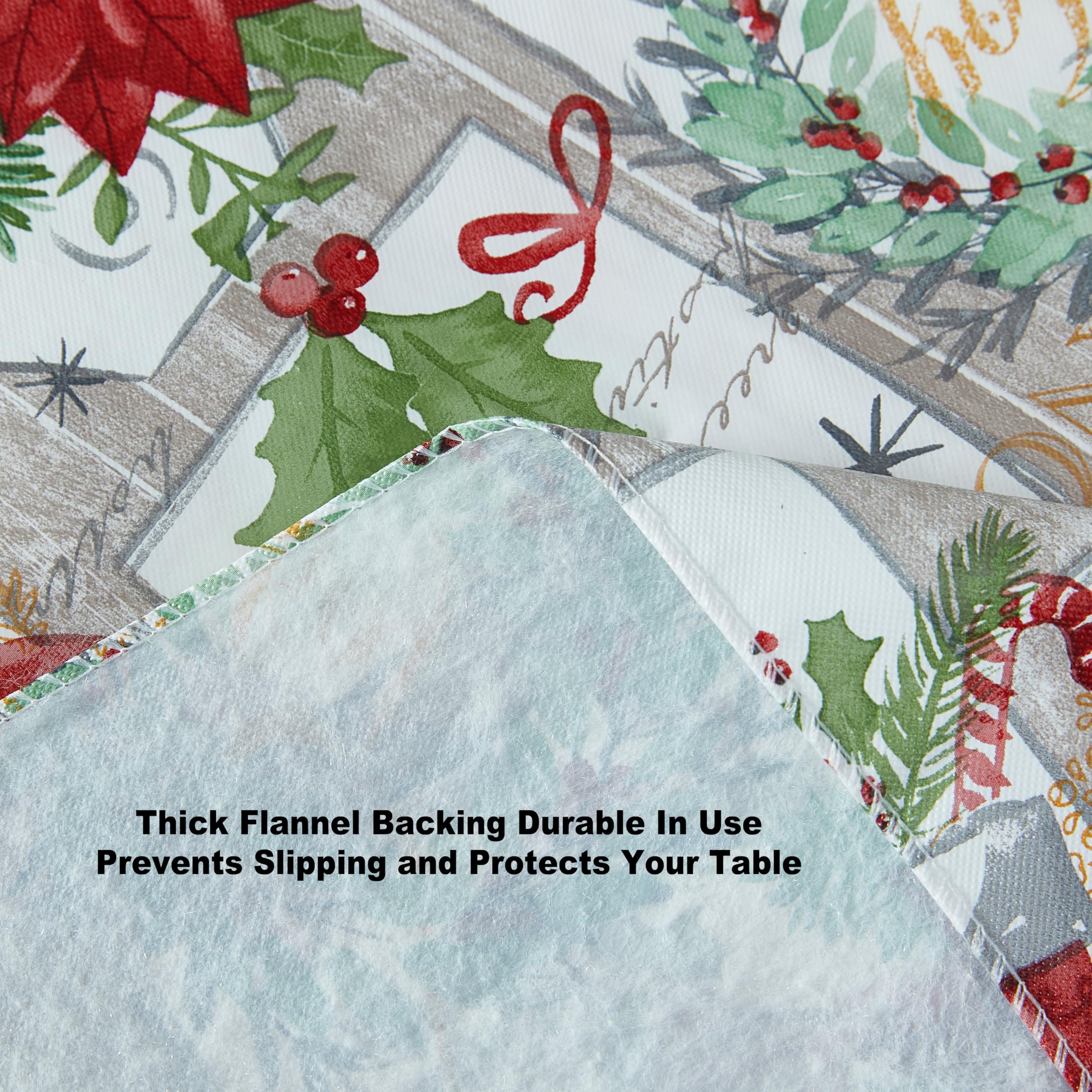 Newbridge Merry Christmas Stocking Holiday Vinyl Tablecloth with Flannel Backing – Festive Wreaths, Poinsettias & Noel Script, Easy-Care Wipe Clean Table Cover, 70 Inch Round - Image 7