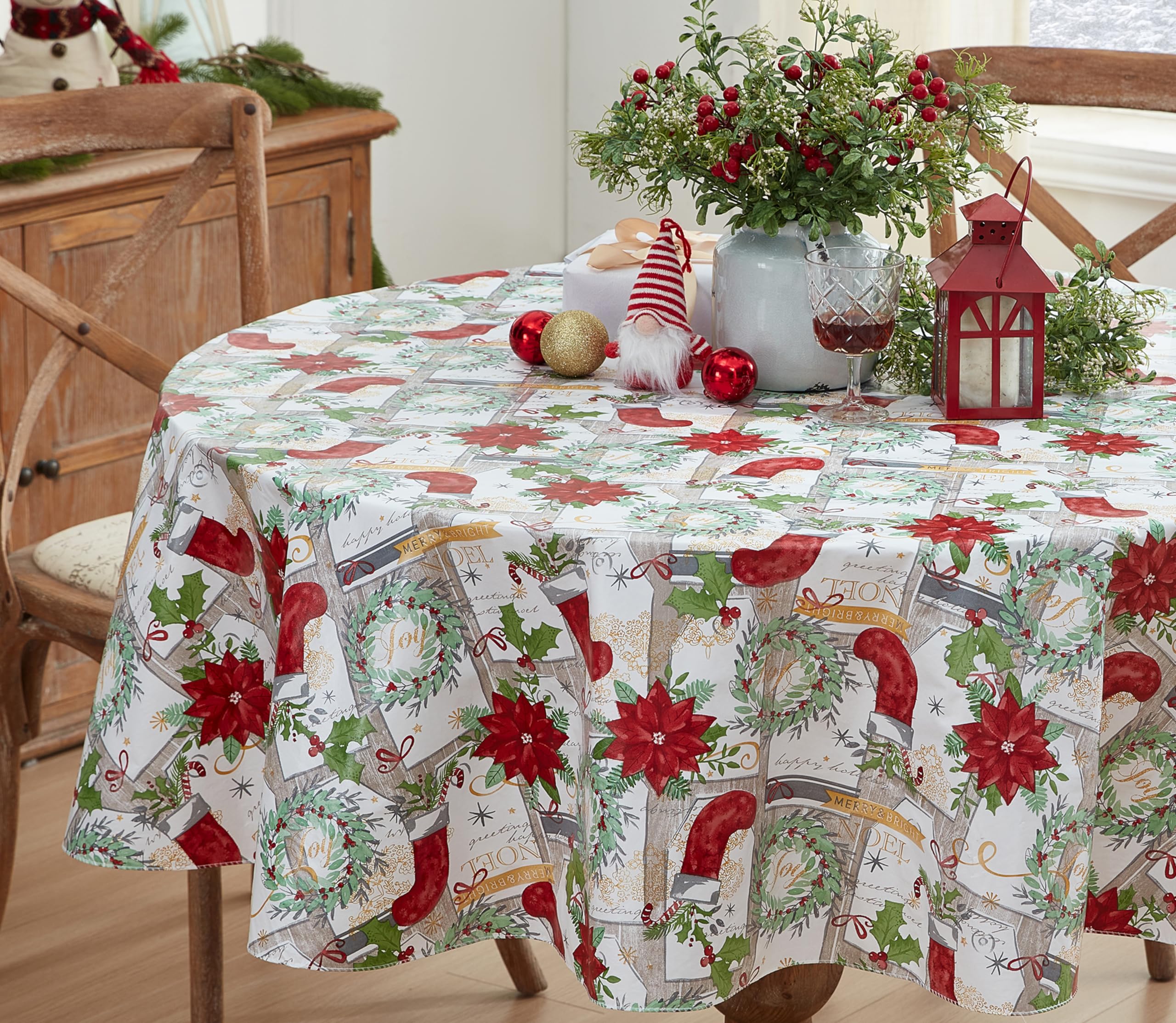 Newbridge Merry Christmas Stocking Holiday Vinyl Tablecloth with Flannel Backing – Festive Wreaths, Poinsettias & Noel Script, Easy-Care Wipe Clean Table Cover, 70 Inch Round - Image 9
