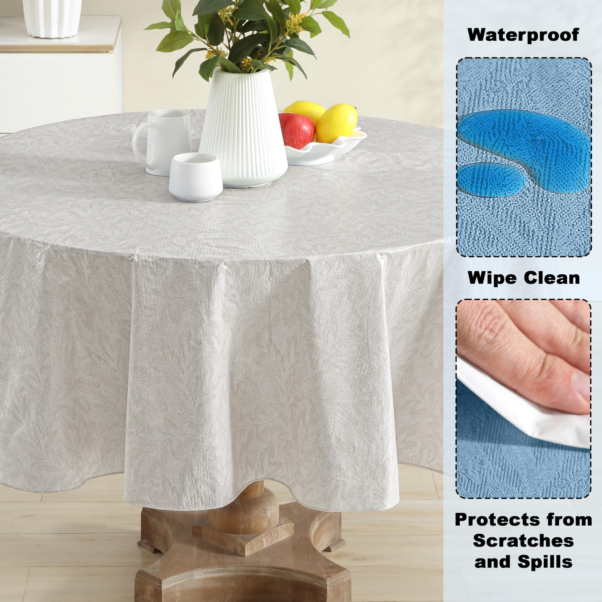 Newbridge Napa Leaf Beige Vinyl Flannel Backed Tablecloth, 70 Inch Zippered Umbrella Round, Hotel Quality Waterproof Indoor Outdoor Table Cover for Kitchen, Patio, Dining, BBQ - Image 3