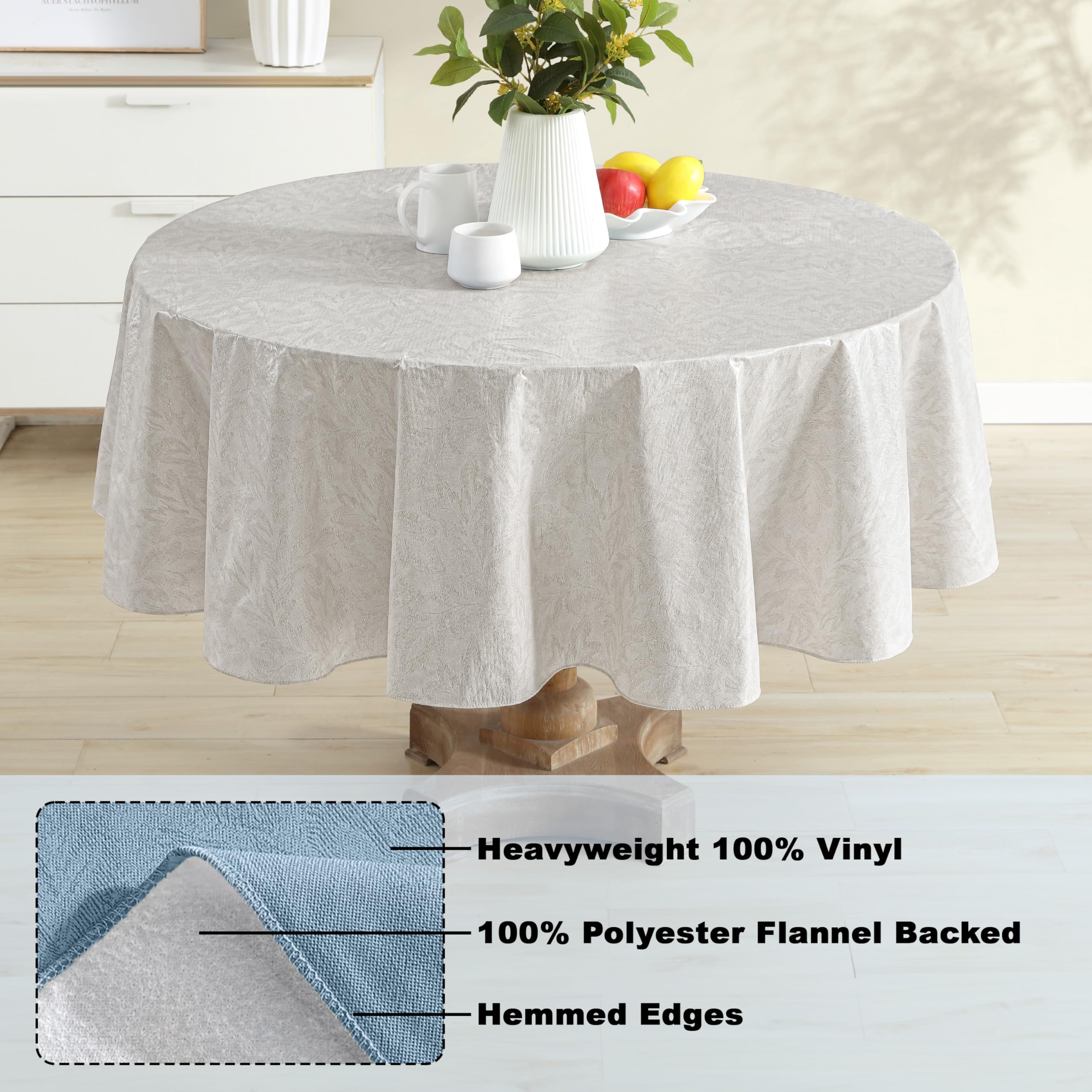 Newbridge Napa Leaf Beige Vinyl Flannel Backed Tablecloth, 70 Inch Zippered Umbrella Round, Hotel Quality Waterproof Indoor Outdoor Table Cover for Kitchen, Patio, Dining, BBQ - Image 4