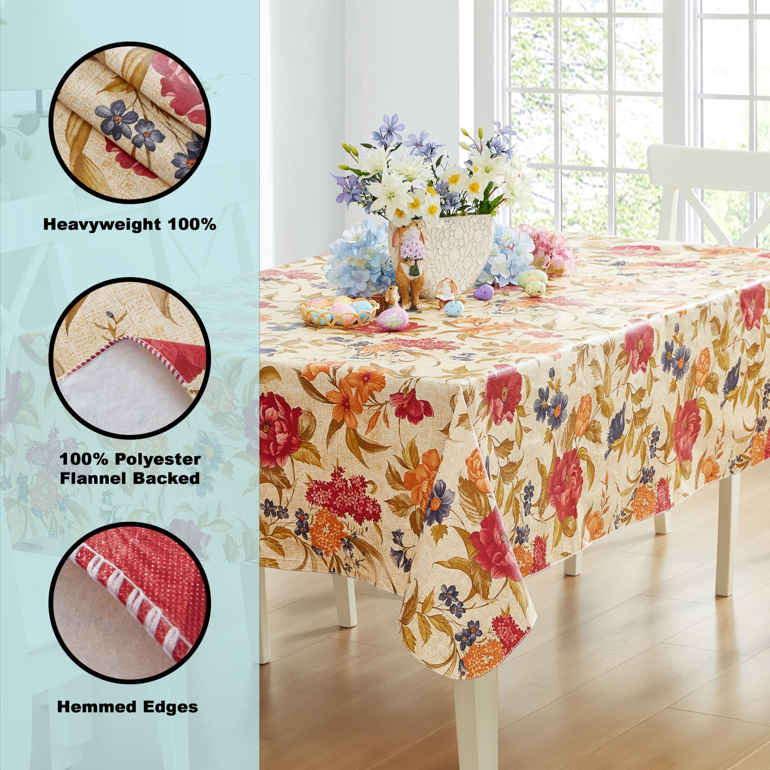 Newbridge Nicolette Multicolor Floral Vinyl Flannel Backed Tablecloth, Traditional Tapestry Flower Design, Easy Care Wipe Clean Indoor Outdoor Table Cover, 52 x 70 Inch Rectangle - Image 4