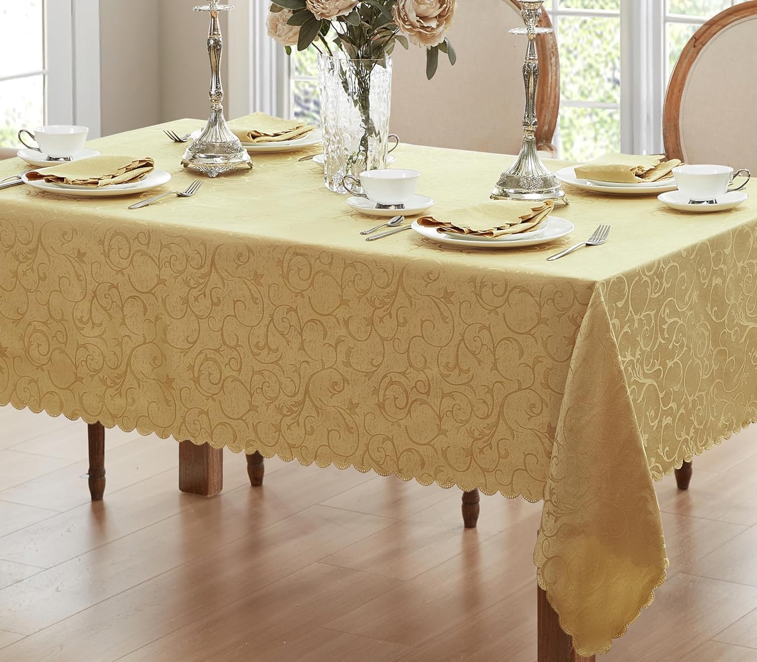 Newbridge Portofino Scalloped Damask Fabric Tablecloth, 52 x 70 Inch Rectangle, Gold, Wrinkle and Stain Resistant Fine Dining Holiday Party Table Cover - Image 4