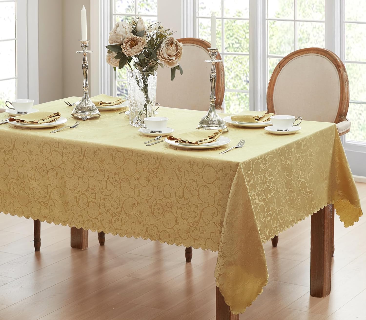 Newbridge Portofino Scalloped Damask Fabric Tablecloth, 52 x 70 Inch Rectangle, Gold, Wrinkle and Stain Resistant Fine Dining Holiday Party Table Cover - Image 6