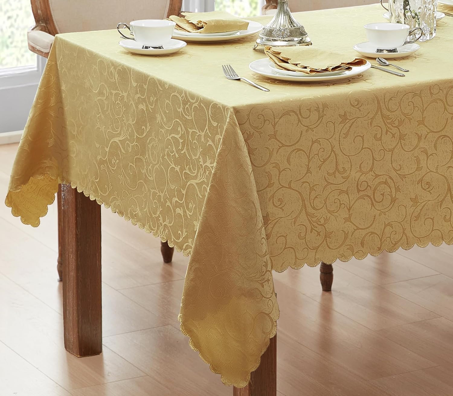 Newbridge Portofino Scalloped Damask Fabric Tablecloth, 52 x 70 Inch Rectangle, Gold, Wrinkle and Stain Resistant Fine Dining Holiday Party Table Cover - Image 7