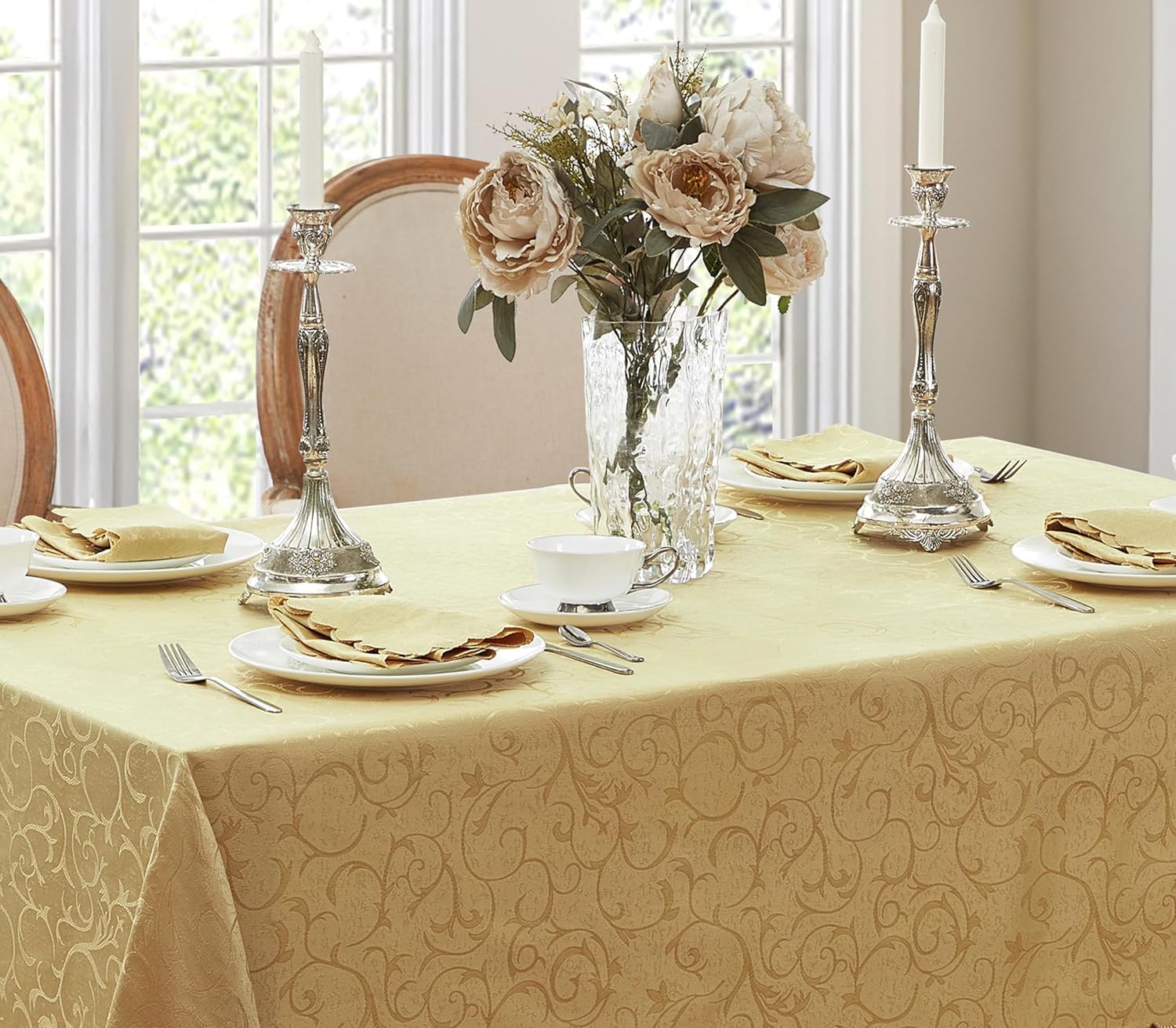 Newbridge Portofino Scalloped Damask Fabric Tablecloth, 52 x 70 Inch Rectangle, Gold, Wrinkle and Stain Resistant Fine Dining Holiday Party Table Cover - Image 8