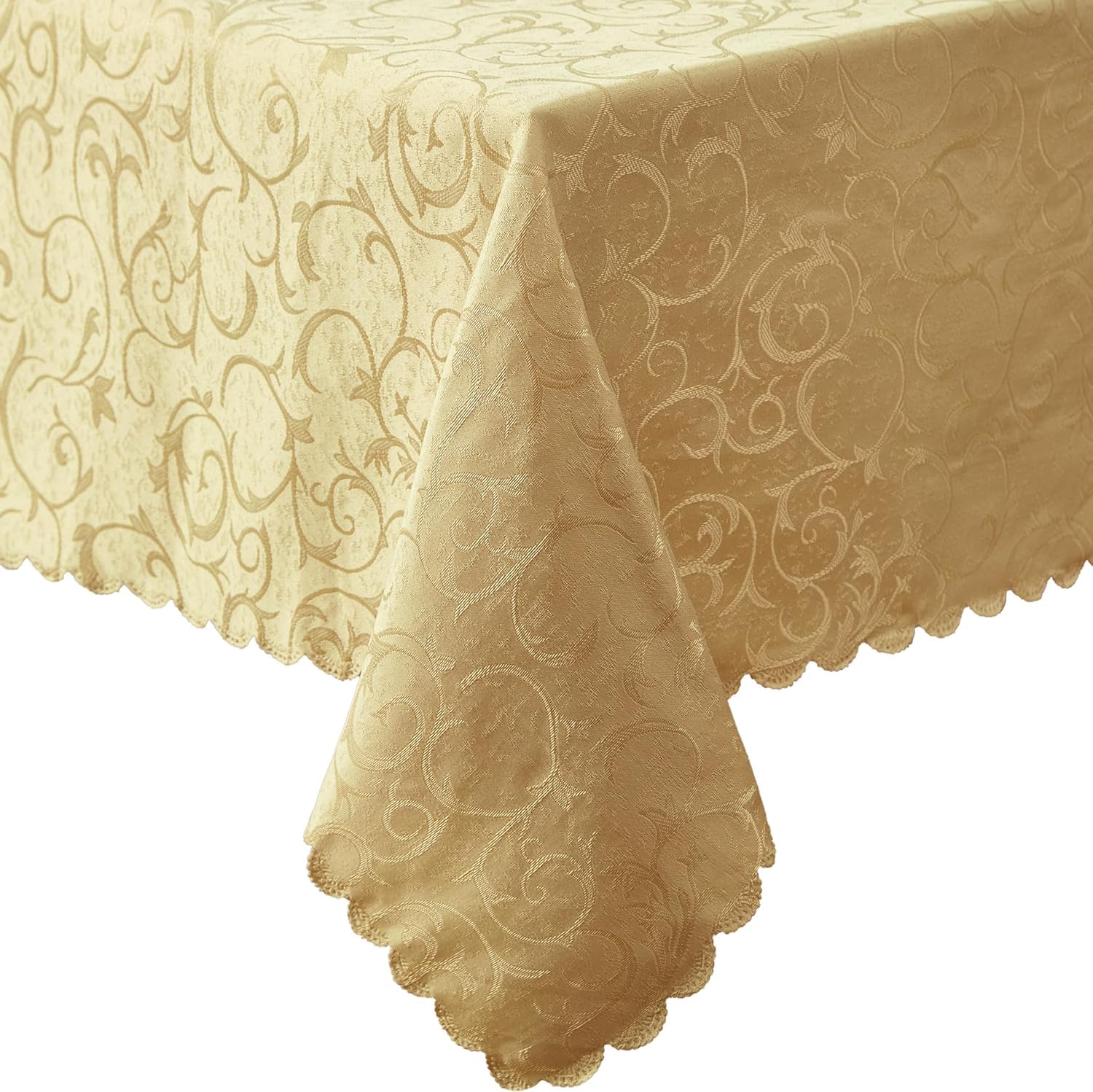 Newbridge Portofino Scalloped Damask Fabric Tablecloth, 52 x 70 Inch Rectangle, Gold, Wrinkle and Stain Resistant Fine Dining Holiday Party Table Cover - Image 9