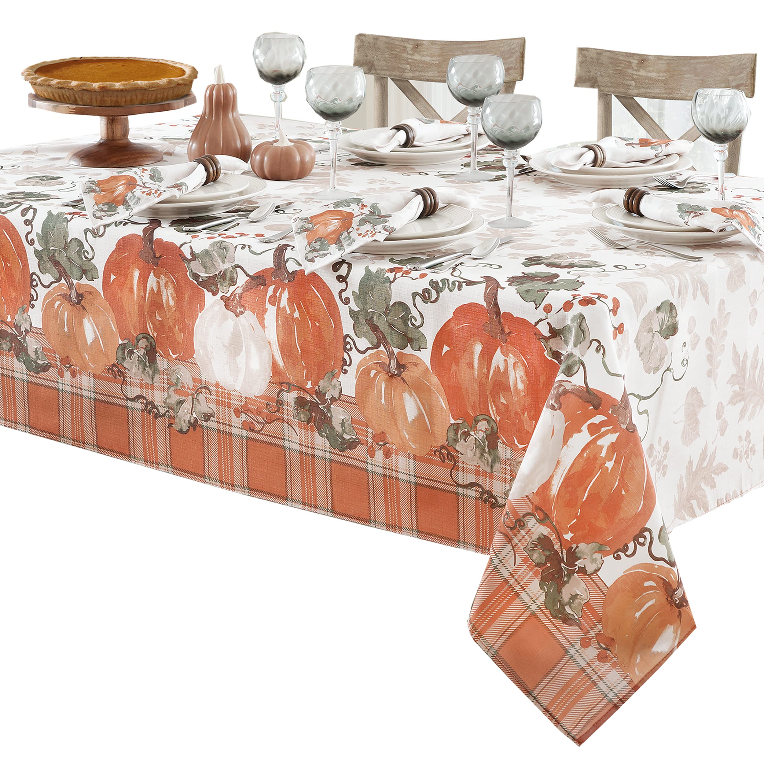 Newbridge Pumpkin Gingham Country Rustic Fabric Tablecloth, 52 x 52 Inch Square, Bordered Autumn Farmhouse Pumpkin Vine Plaid, Easy Care Stain Resistant Fall Thanksgiving Table Cover - Image 3