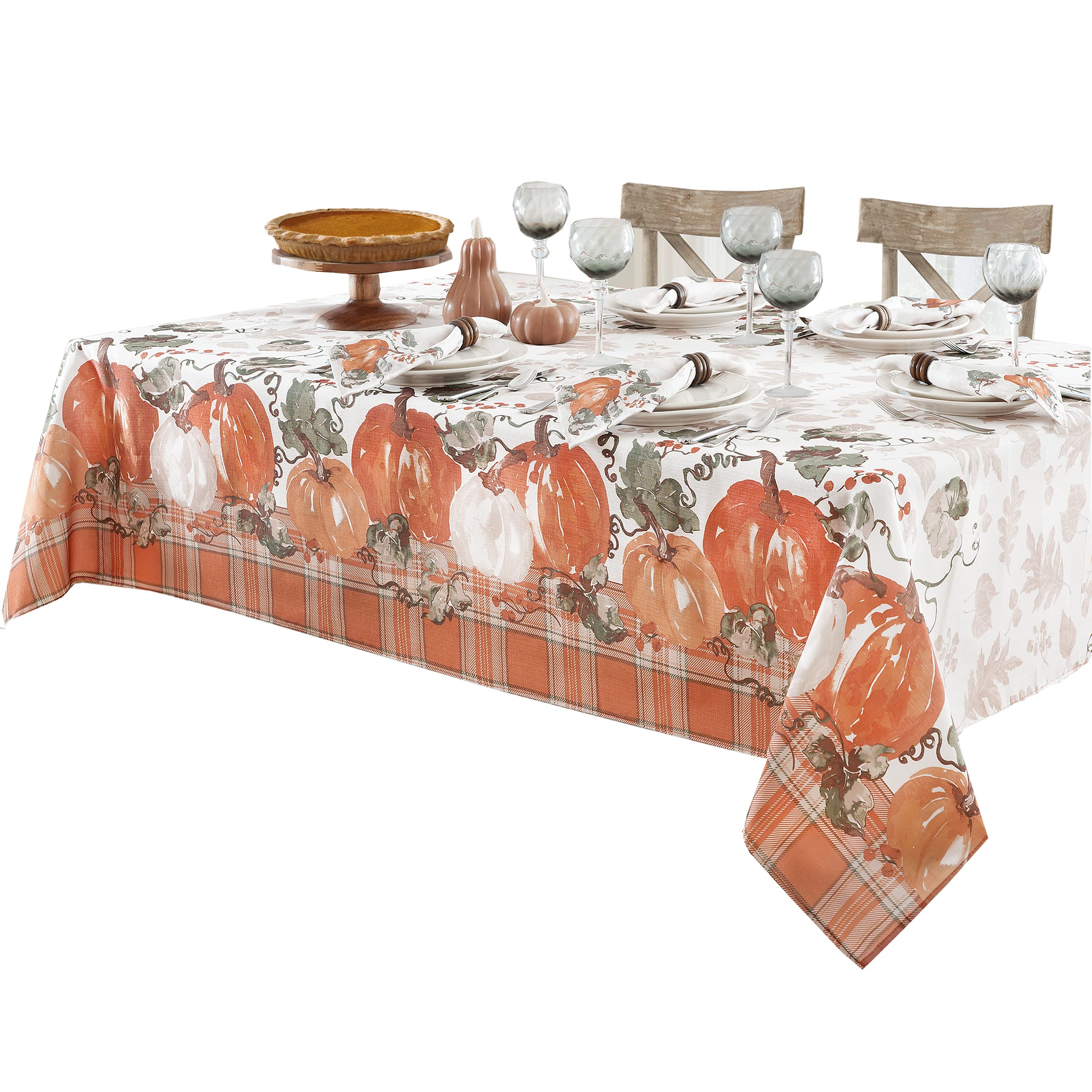 Newbridge Pumpkin Gingham Country Rustic Fabric Tablecloth, 52 x 52 Inch Square, Bordered Autumn Farmhouse Pumpkin Vine Plaid, Easy Care Stain Resistant Fall Thanksgiving Table Cover - Image 6