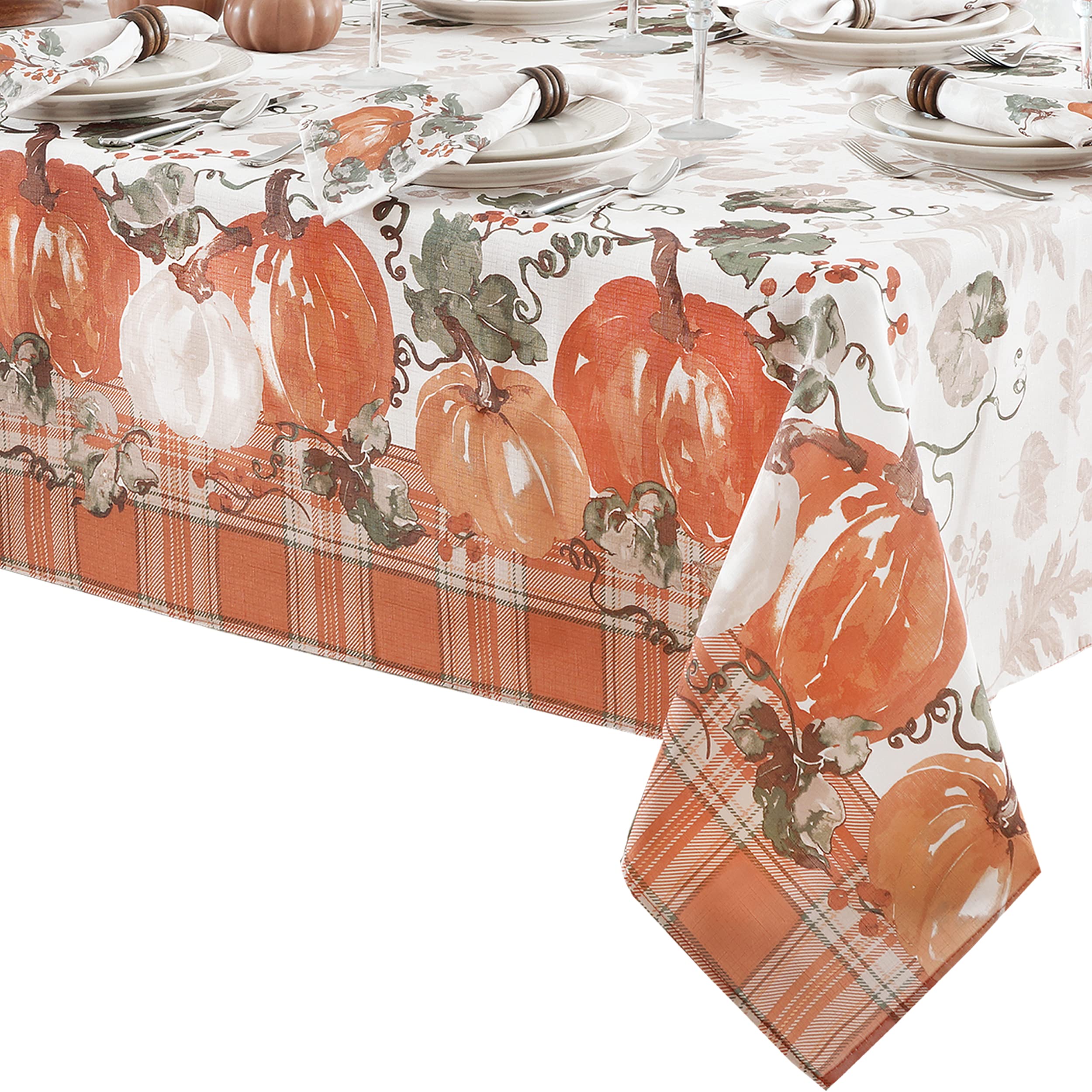 Newbridge Pumpkin Gingham Country Rustic Fabric Tablecloth, 52 x 52 Inch Square, Bordered Autumn Farmhouse Pumpkin Vine Plaid, Easy Care Stain Resistant Fall Thanksgiving Table Cover - Image 7