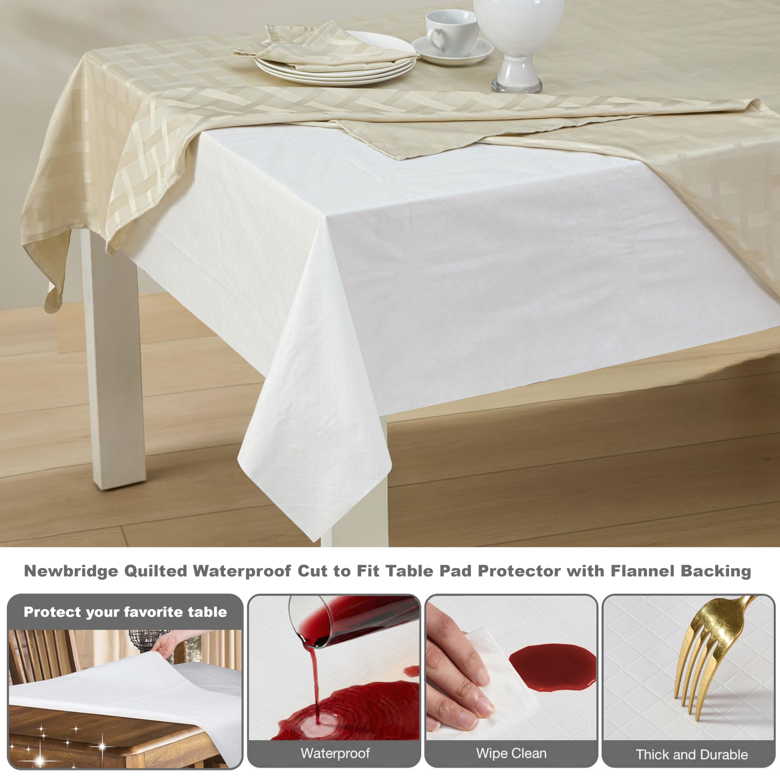 Newbridge Quilted Waterproof Cut to Fit Table Pad Protector with Flannel Backing, Heat Resistant, Wipe Clean, Cushioned Pad Protects Table from Spills and Scratches, 52" x 70" - Image 4