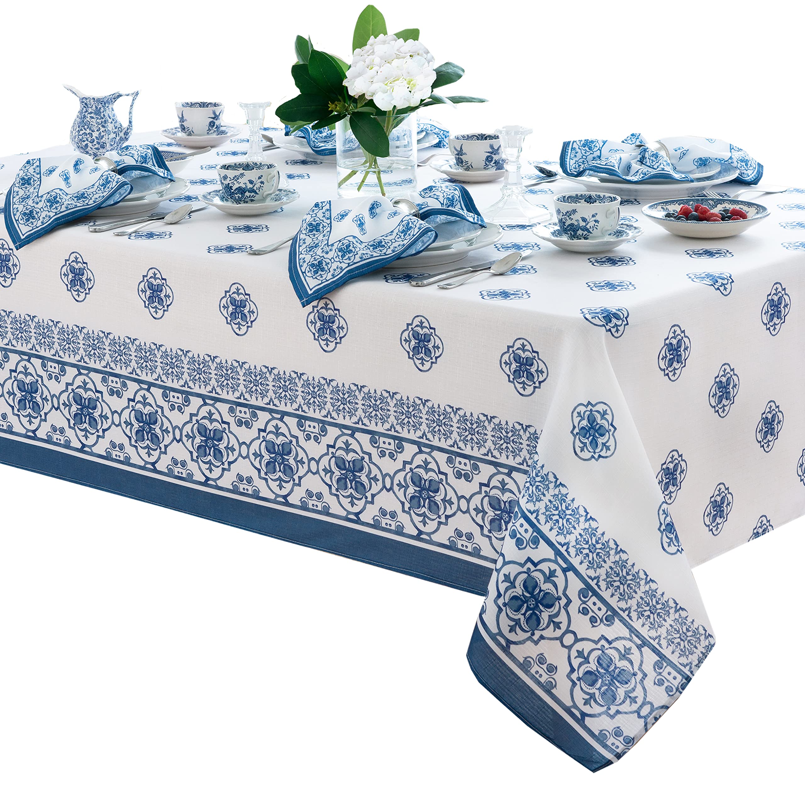 Newbridge Rectangle Fabric Placemats, Set of 4 Placemats, Mykonos Blue Mediterranean, Indoor Outdoor Stain Resistant No-Iron Placemats, Blue Tile Border - Image 5