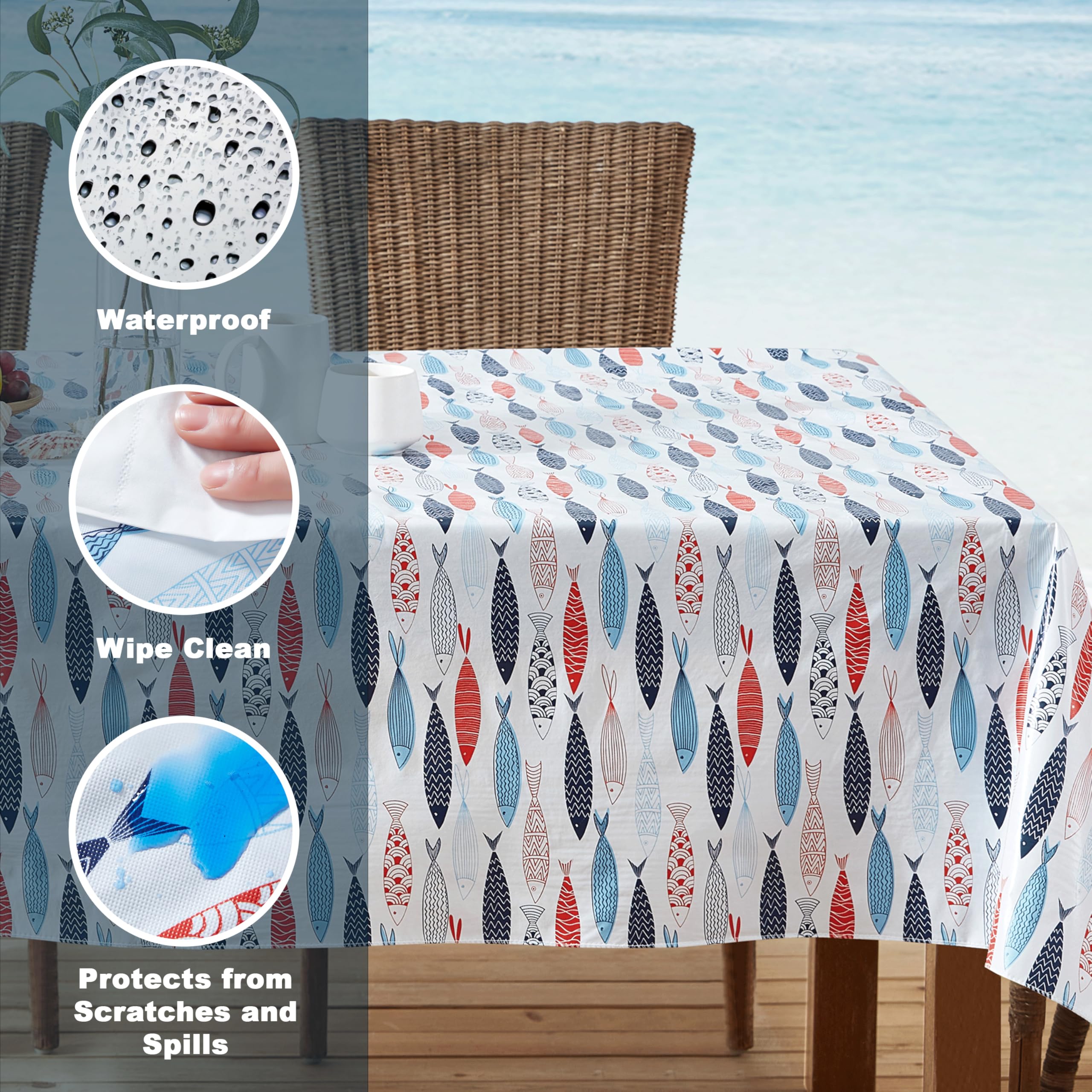 Newbridge Rectangle Vinyl Flannel Backed Tablecloth, 52 x 70 Inch, Fish School, White Indoor/Outdoor Waterproof Table Cloth, Cape Cod Print - Image 3