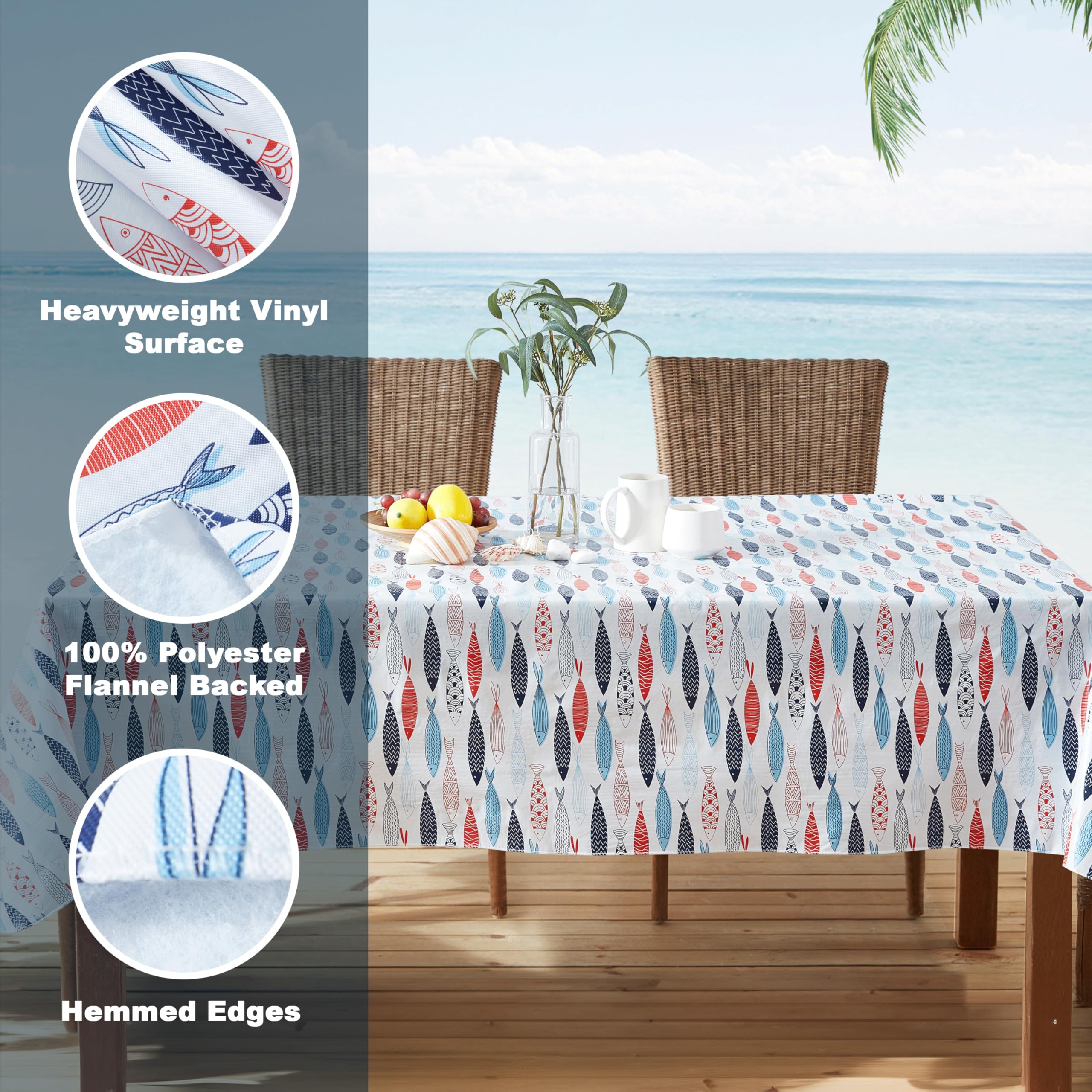 Newbridge Rectangle Vinyl Flannel Backed Tablecloth, 52 x 70 Inch, Fish School, White Indoor/Outdoor Waterproof Table Cloth, Cape Cod Print - Image 4