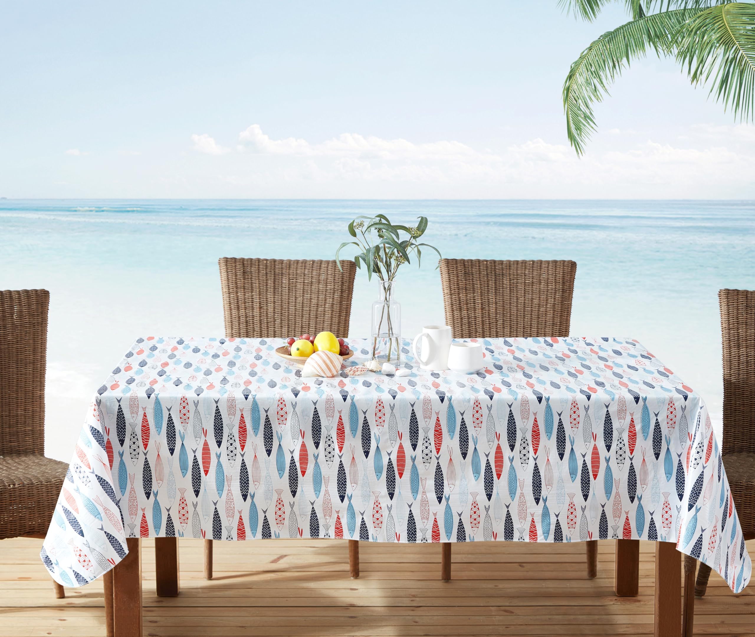 Newbridge Rectangle Vinyl Flannel Backed Tablecloth, 52 x 70 Inch, Fish School, White Indoor/Outdoor Waterproof Table Cloth, Cape Cod Print - Image 5