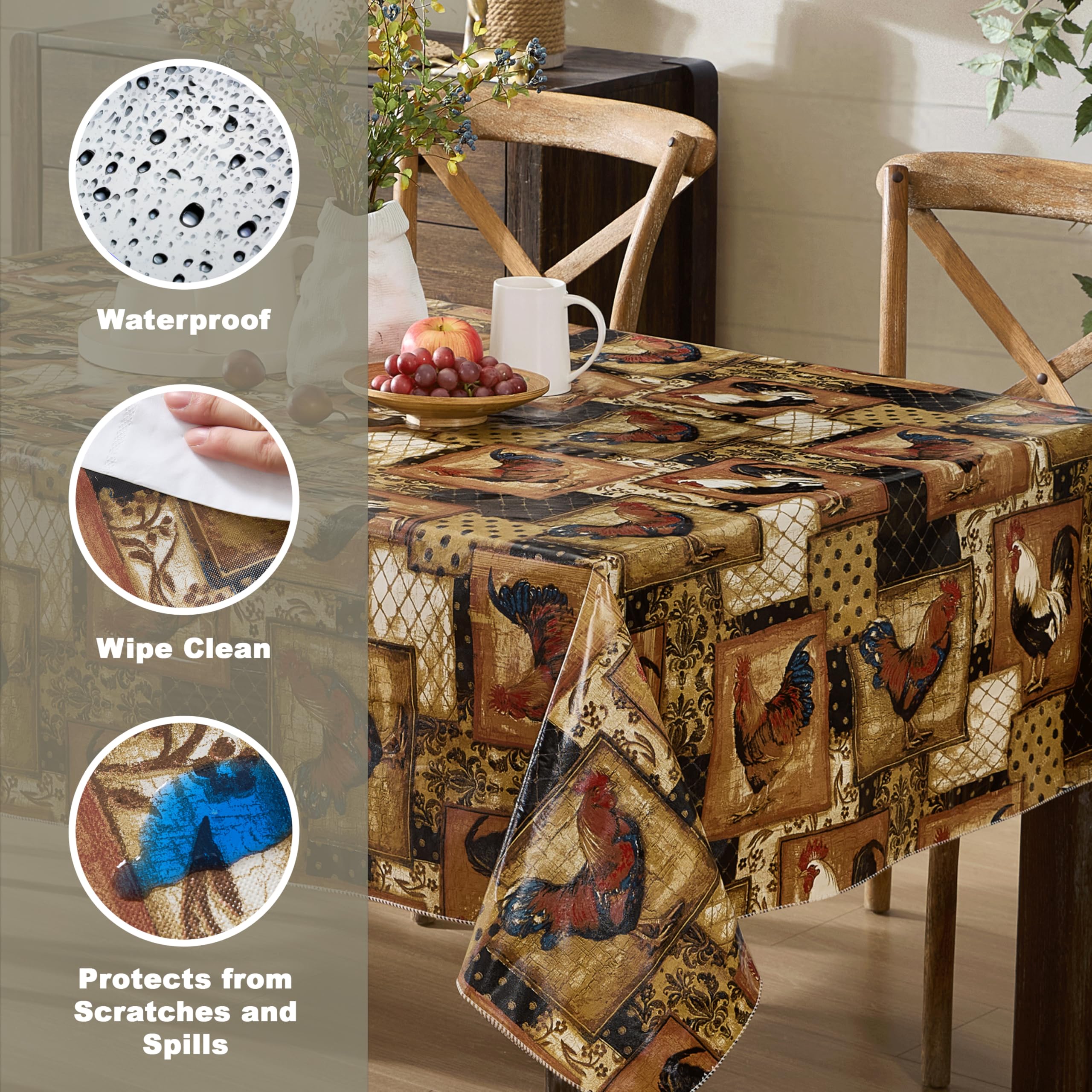 Newbridge Rectangle Vinyl Flannel Backed Tablecloth, 60 x 84 Inch, Vintage Rooster, Farmhouse Vinyl Flannel Backed Table Cloth - Image 3