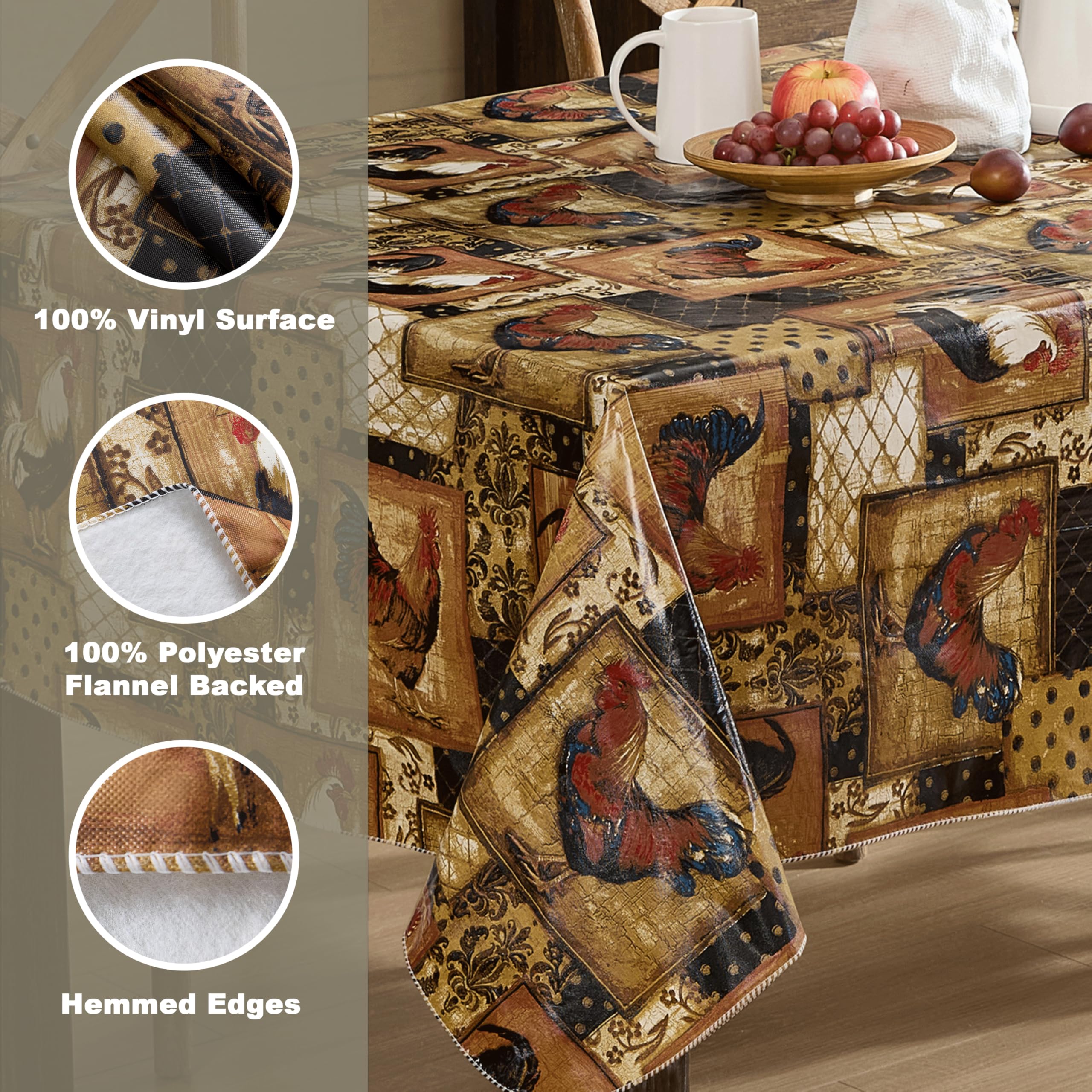 Newbridge Rectangle Vinyl Flannel Backed Tablecloth, 60 x 84 Inch, Vintage Rooster, Farmhouse Vinyl Flannel Backed Table Cloth - Image 4