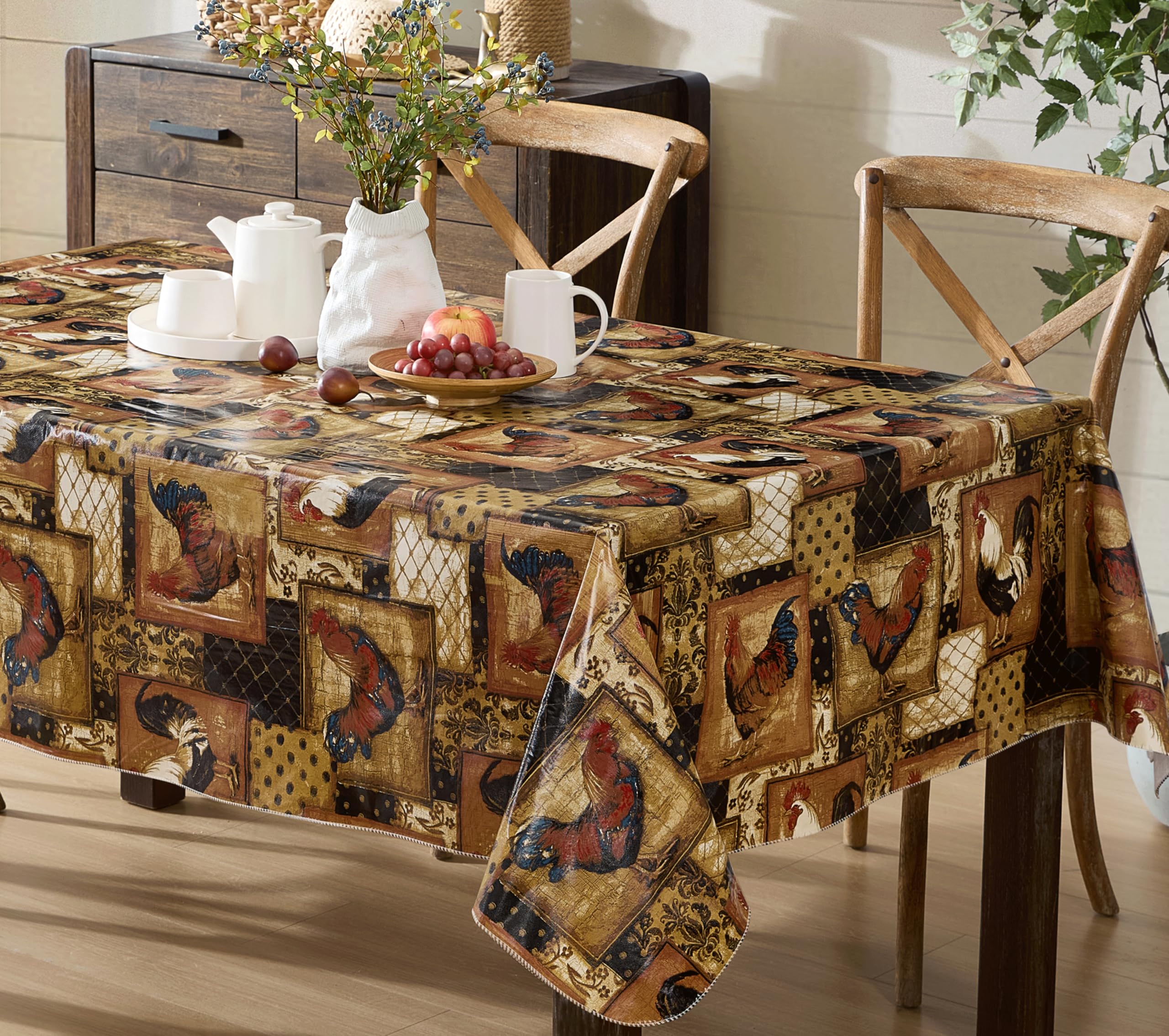 Newbridge Rectangle Vinyl Flannel Backed Tablecloth, 60 x 84 Inch, Vintage Rooster, Farmhouse Vinyl Flannel Backed Table Cloth - Image 5
