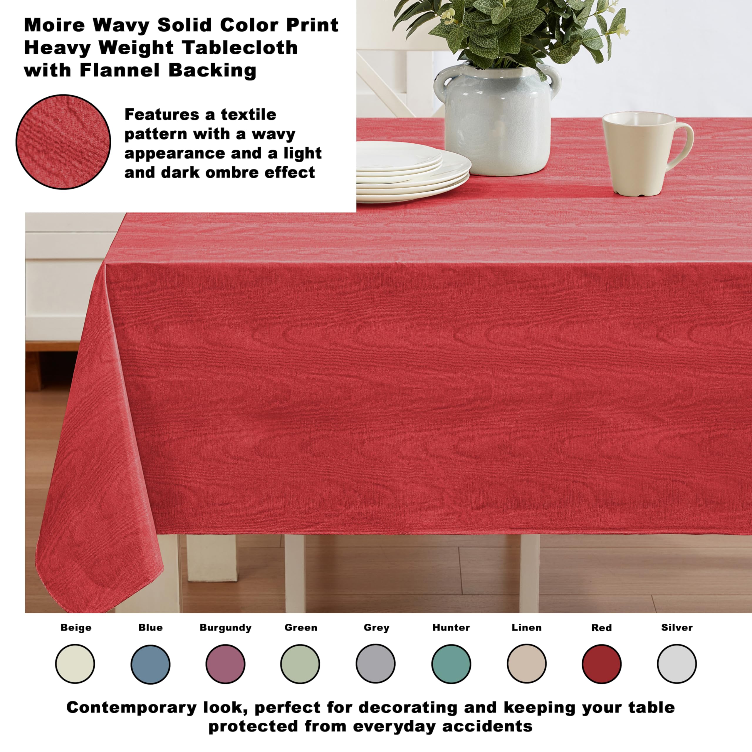 Newbridge Red Moire Wavy Solid Vinyl Flannel Backed Tablecloth, 52 x 52 Inch Square, Heavyweight Indoor Outdoor Waterproof Table Cover, Easy Care Wipe Clean - Image 3