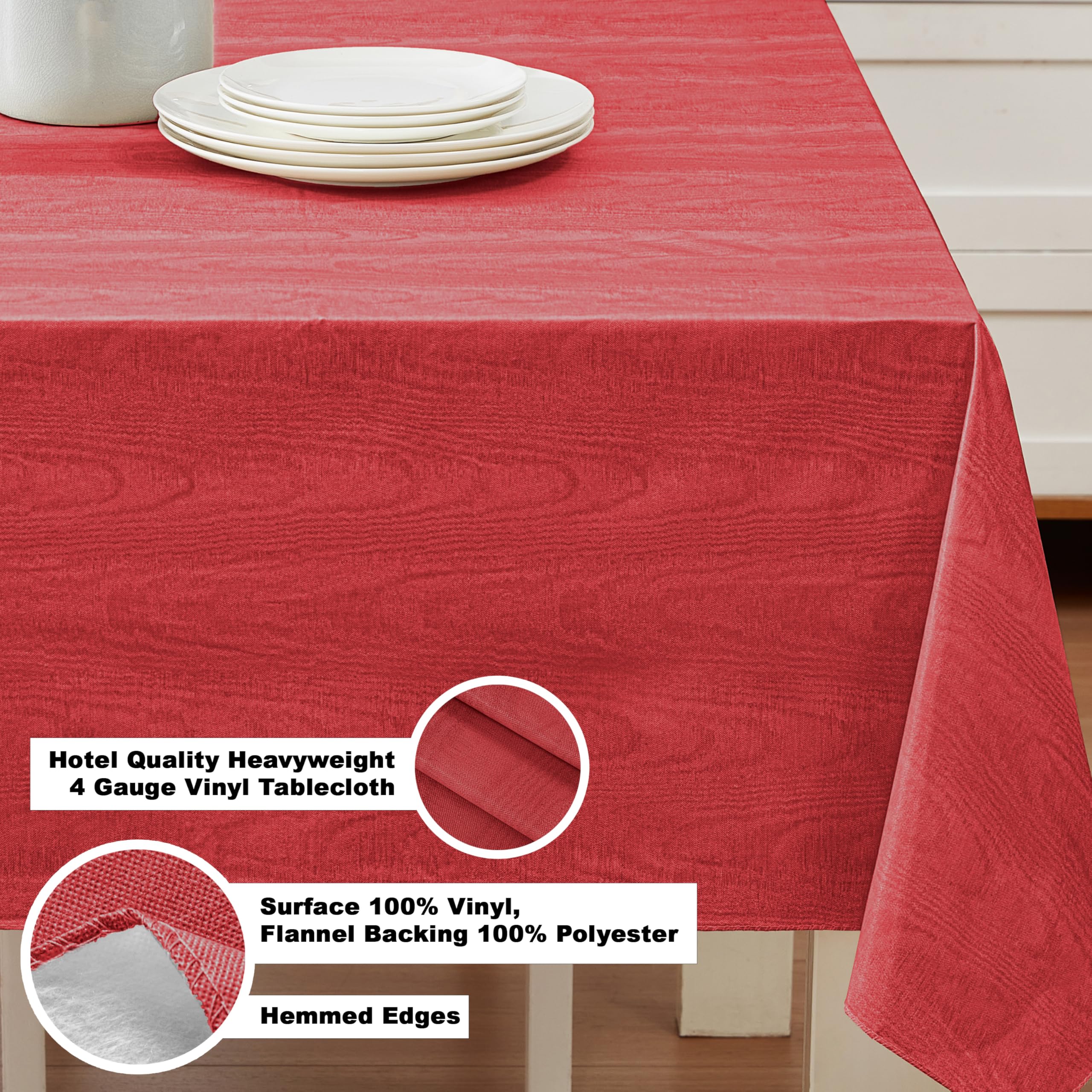 Newbridge Red Moire Wavy Solid Vinyl Flannel Backed Tablecloth, 52 x 52 Inch Square, Heavyweight Indoor Outdoor Waterproof Table Cover, Easy Care Wipe Clean - Image 4