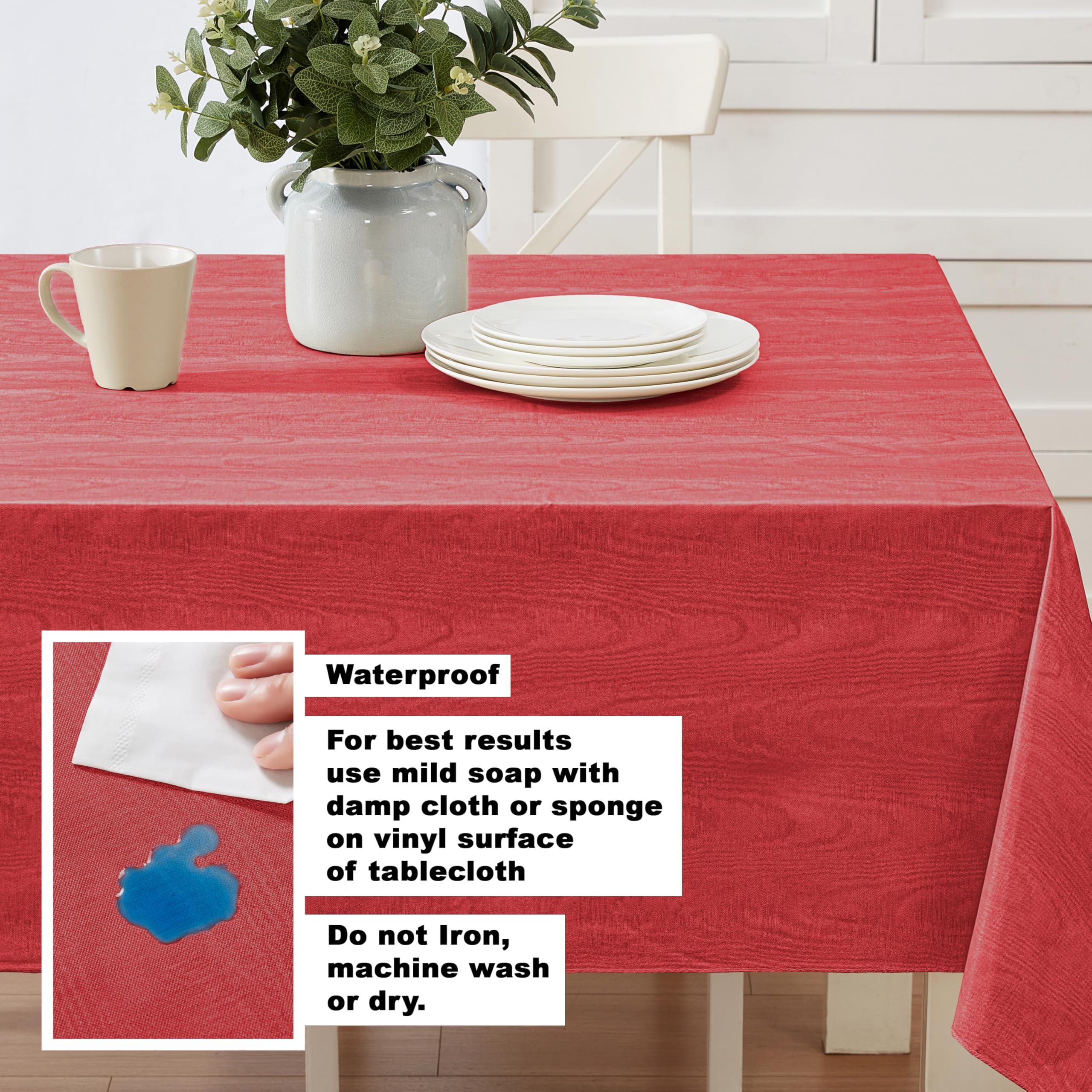 Newbridge Red Moire Wavy Solid Vinyl Flannel Backed Tablecloth, 52 x 52 Inch Square, Heavyweight Indoor Outdoor Waterproof Table Cover, Easy Care Wipe Clean - Image 5