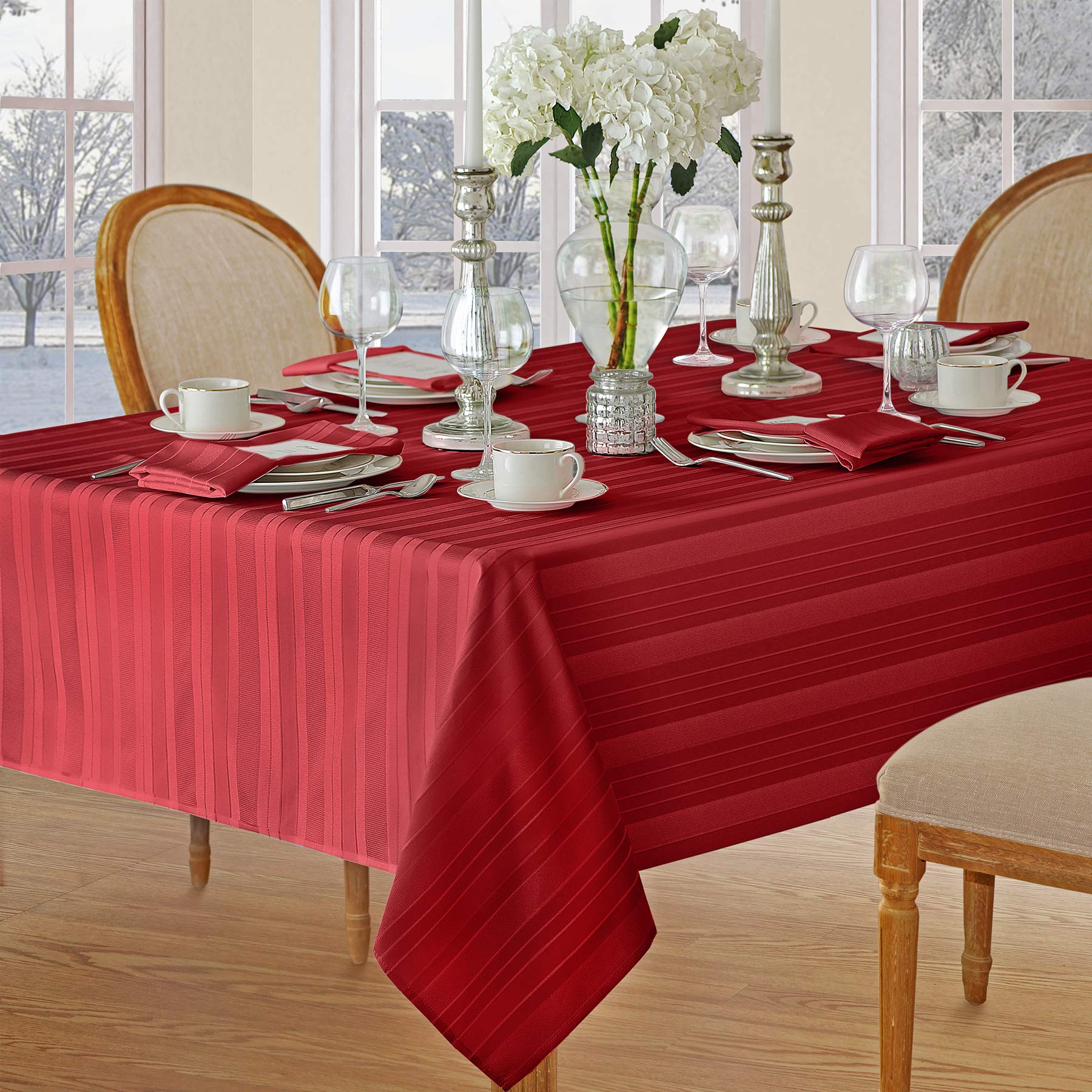 Newbridge Red Satin Stripe Fabric Tablecloth, 52 x 70 Inch Rectangle, Elegant Woven Stripe, Wrinkle Resistant Reusable Polyester Table Cover - Image 3