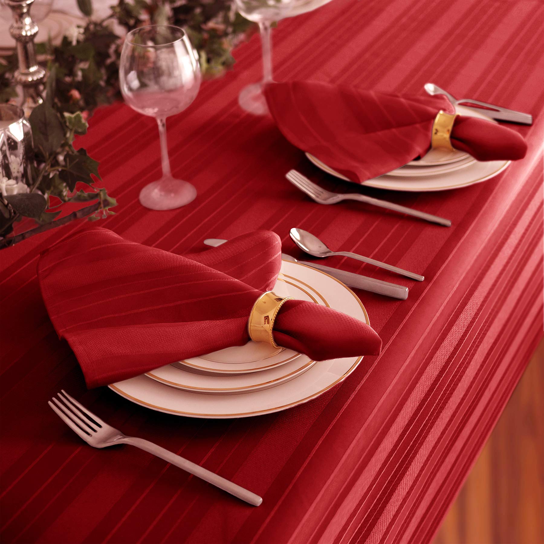 Newbridge Red Satin Stripe Fabric Tablecloth, 52 x 70 Inch Rectangle, Elegant Woven Stripe, Wrinkle Resistant Reusable Polyester Table Cover - Image 7